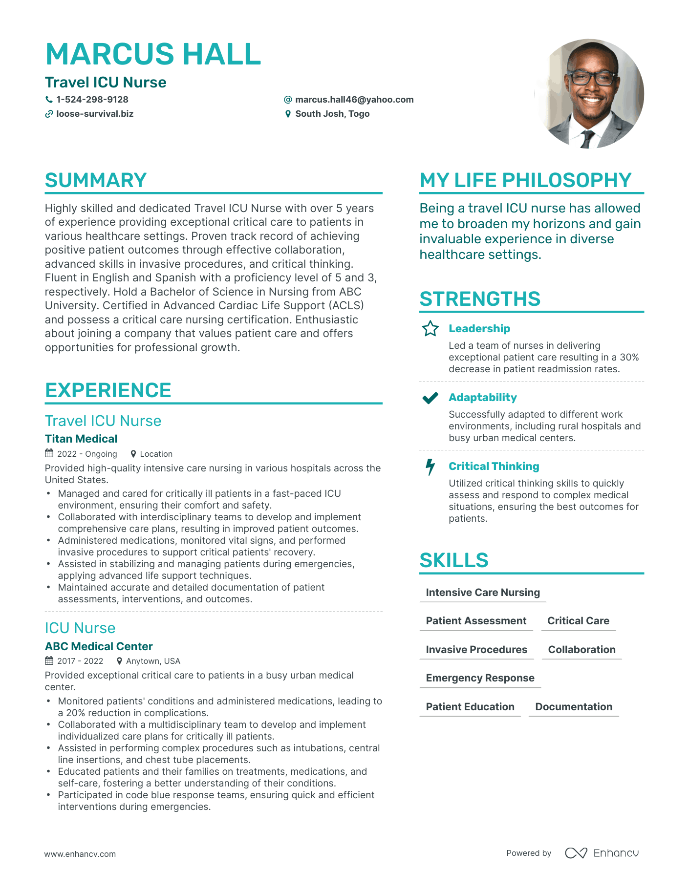 Travel ICU Nurse resume example