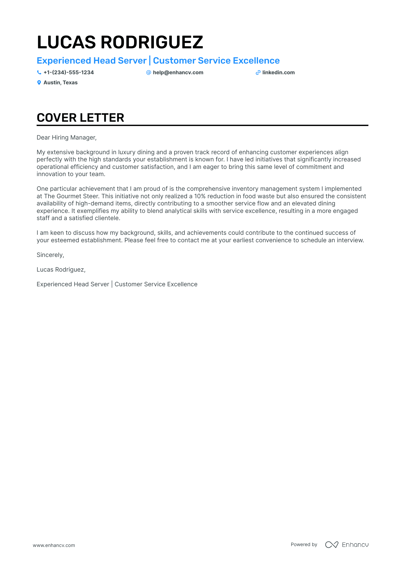Head Server cover letter