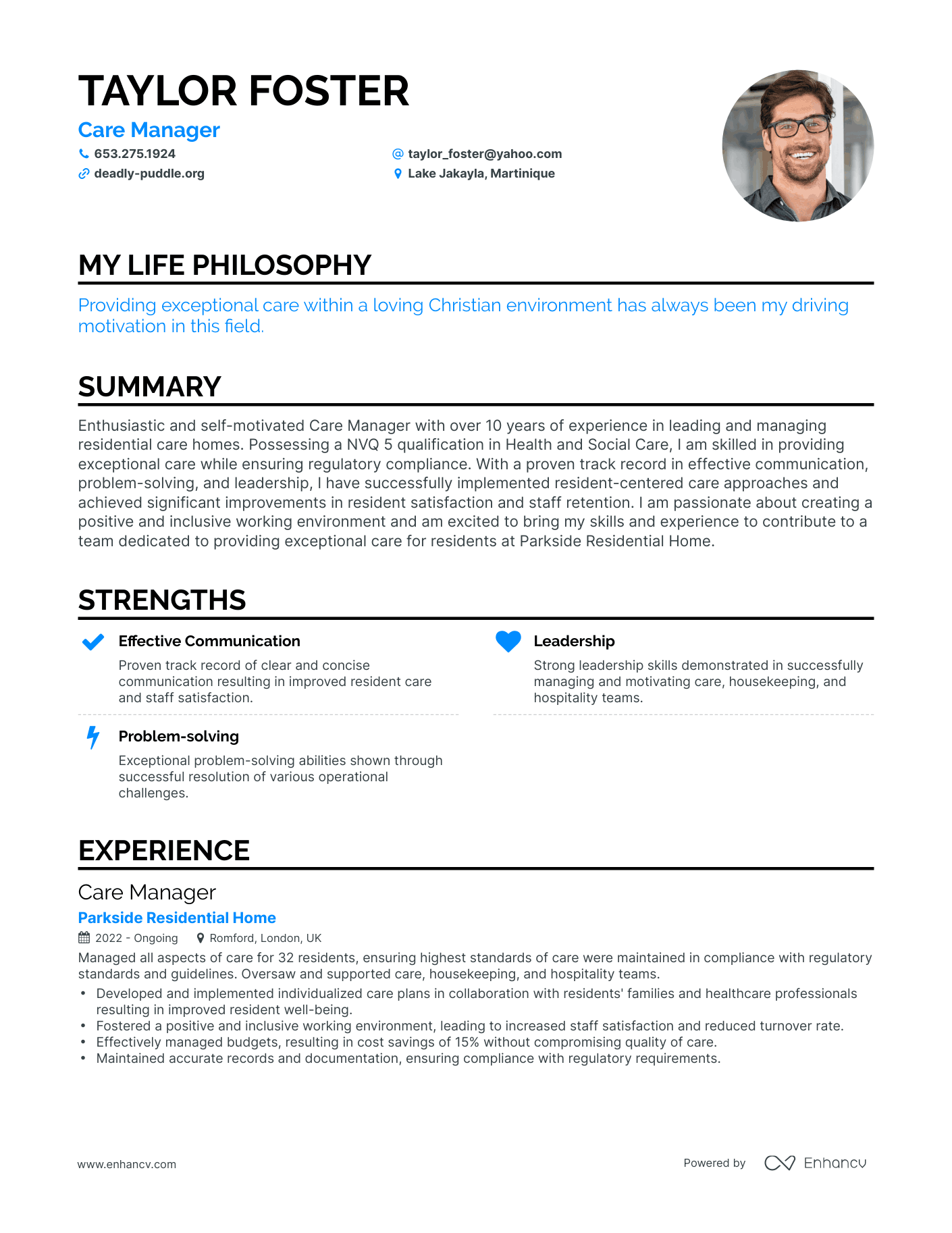 Creative Care Manager Resume Example