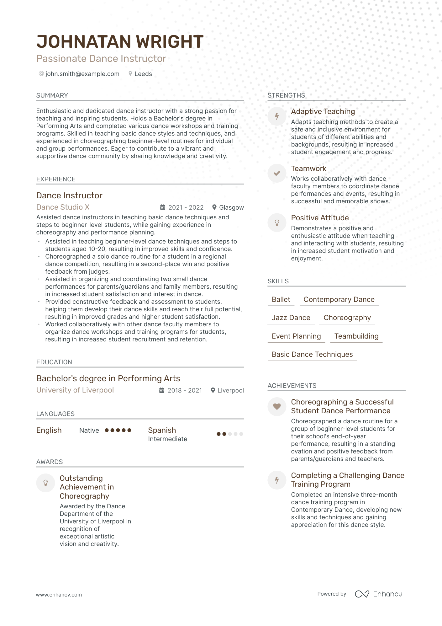 Passionate Dance Instructor CV example