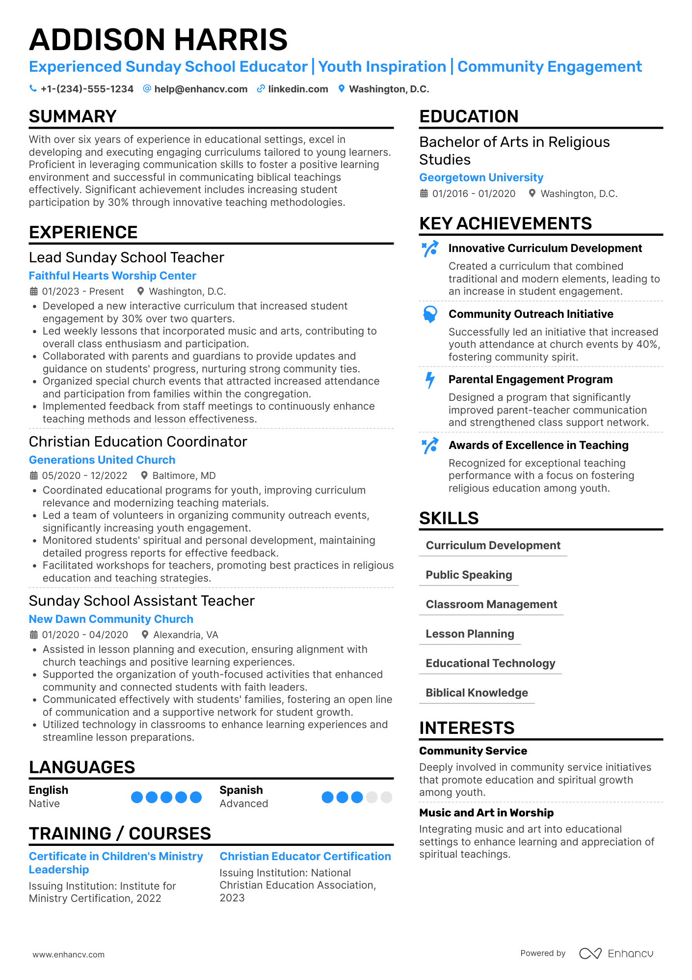 Sunday School Teacher resume example