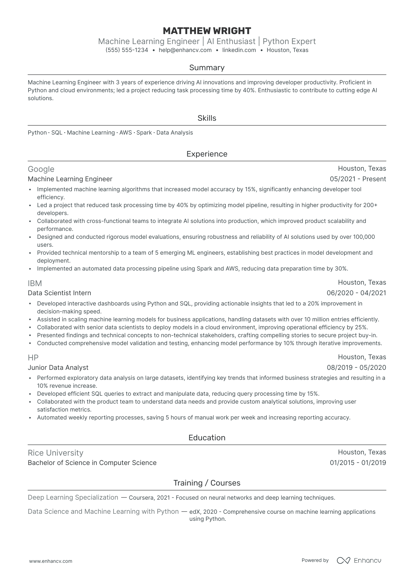 Python Machine Learning Developer resume example