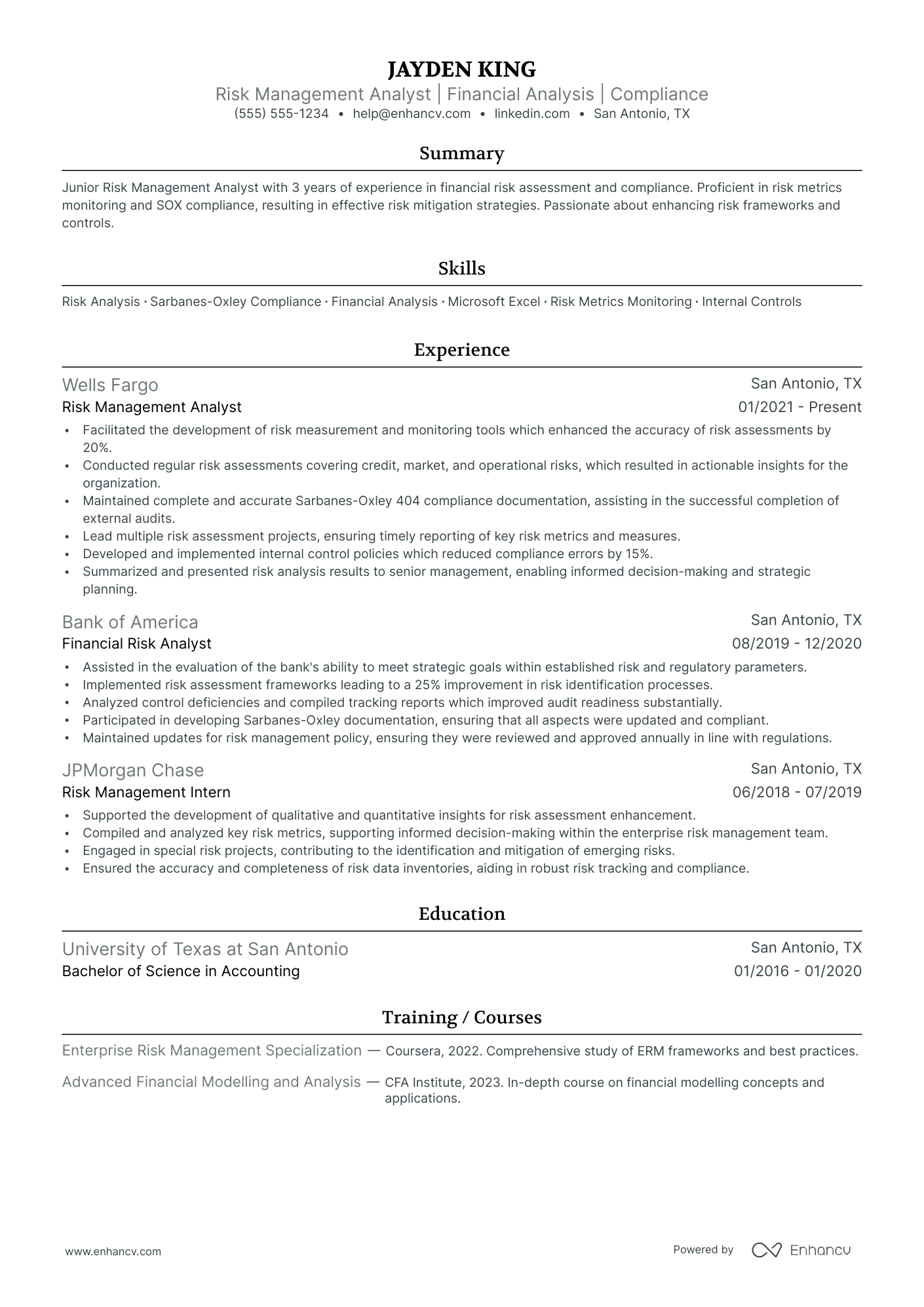 Enterprise Risk Management Analyst resume example