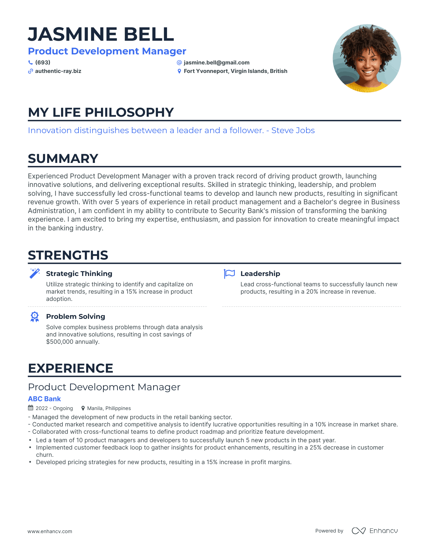 Creative Product Development Manager Resume Example