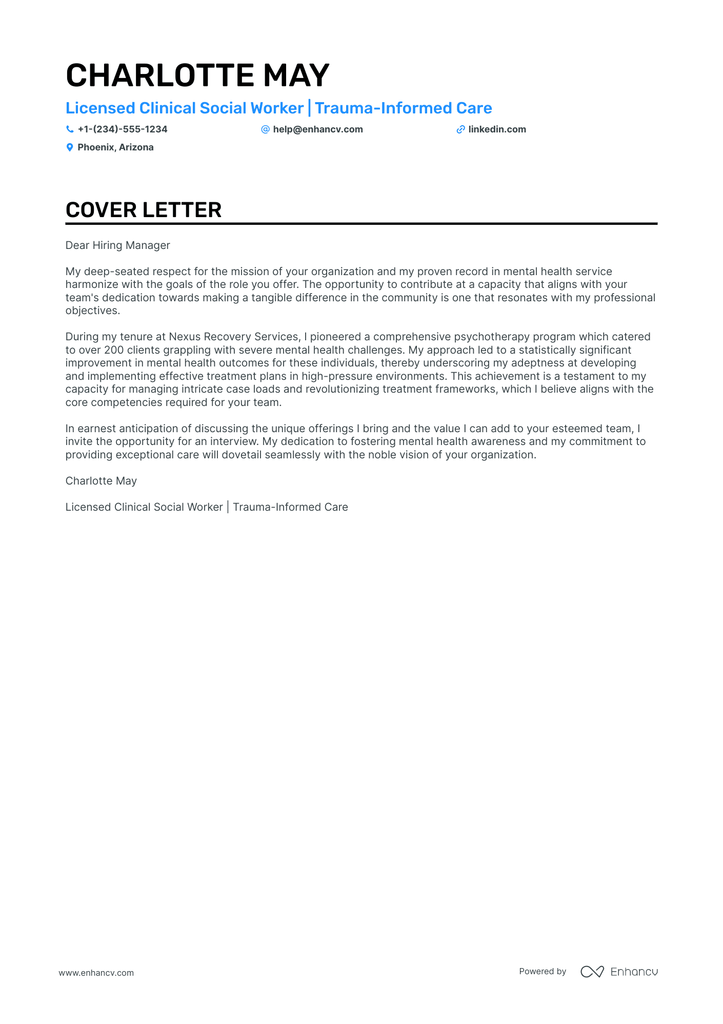 Clinical Social Worker cover letter