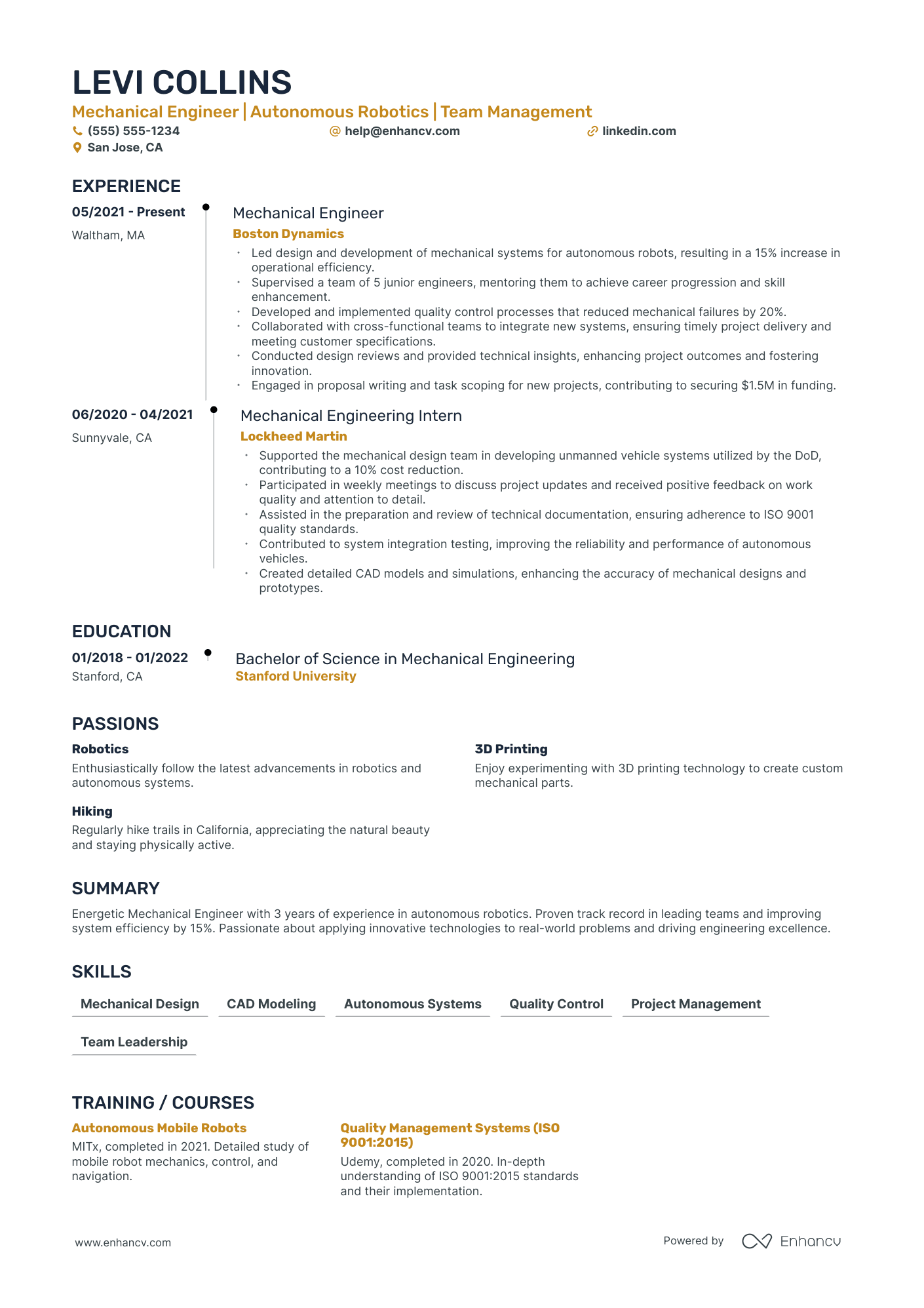 Mechanical Engineering Manager resume example