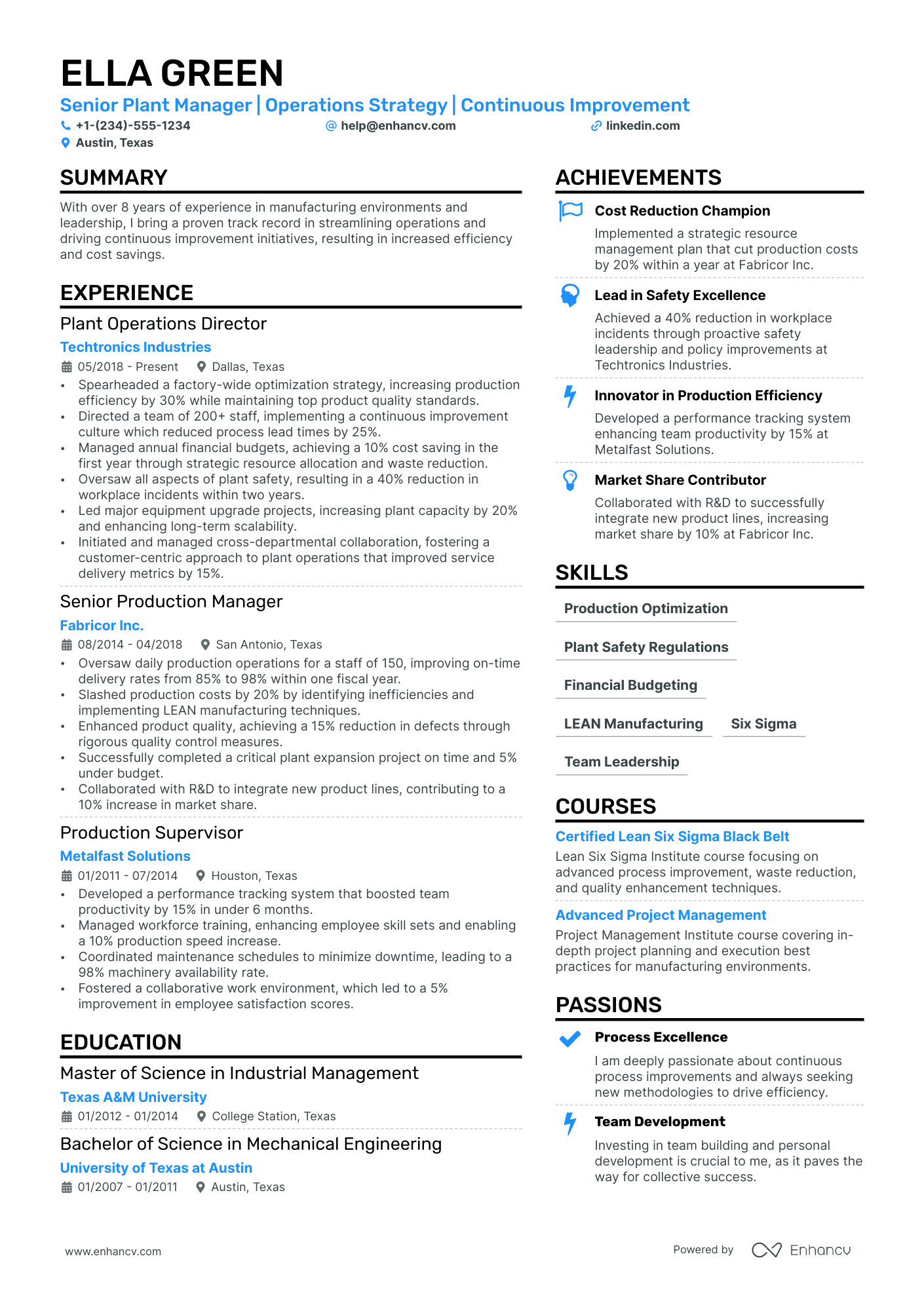 Factory Manager resume example