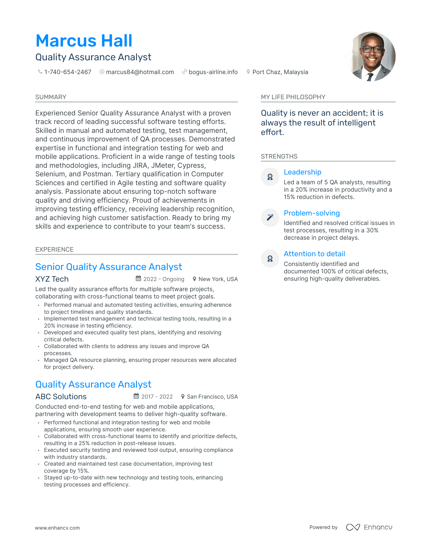 Modern Quality Assurance Analyst Resume Example