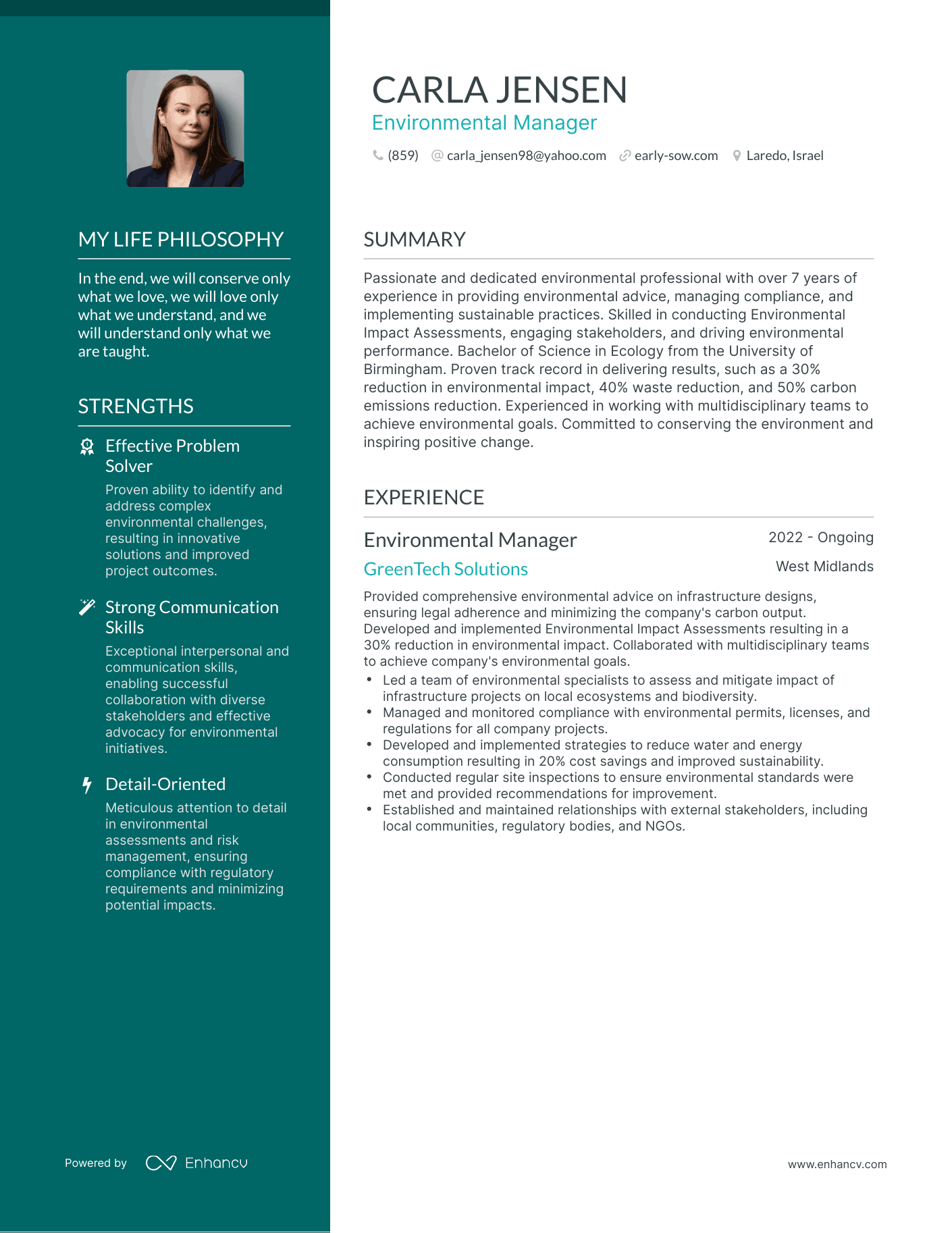 Environmental Manager resume example