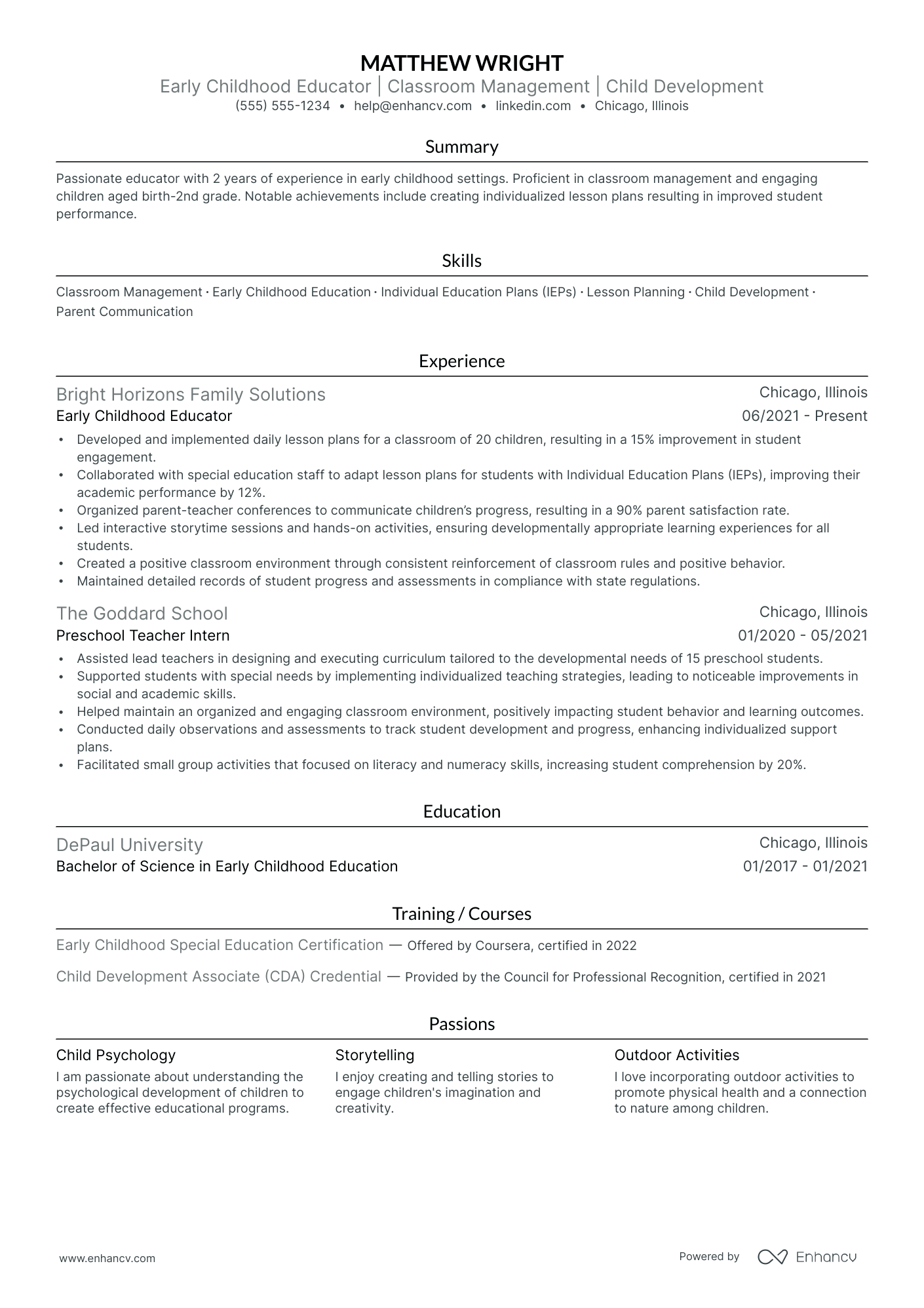 Lead Early Childhood Educator resume example