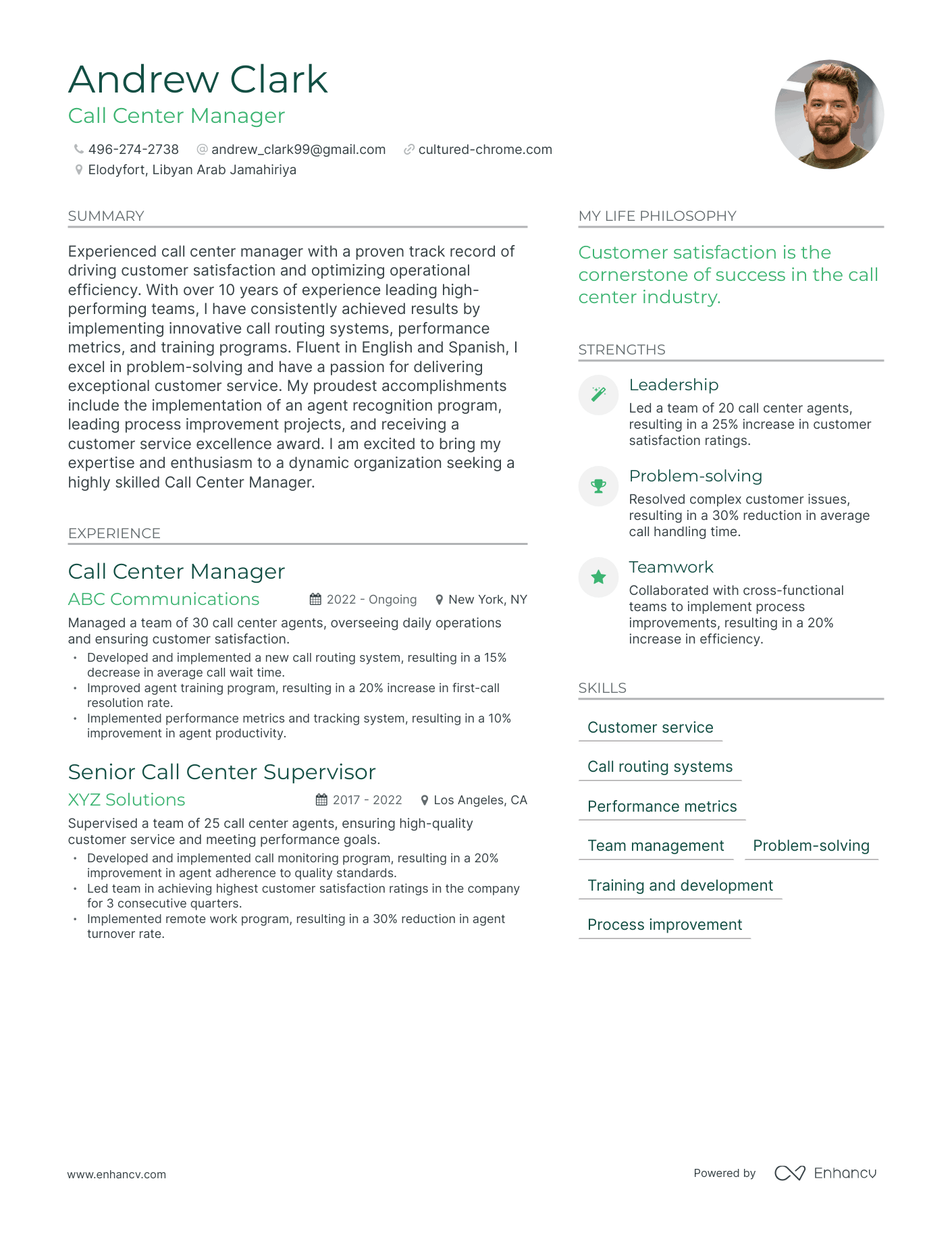 Call Center Manager resume example