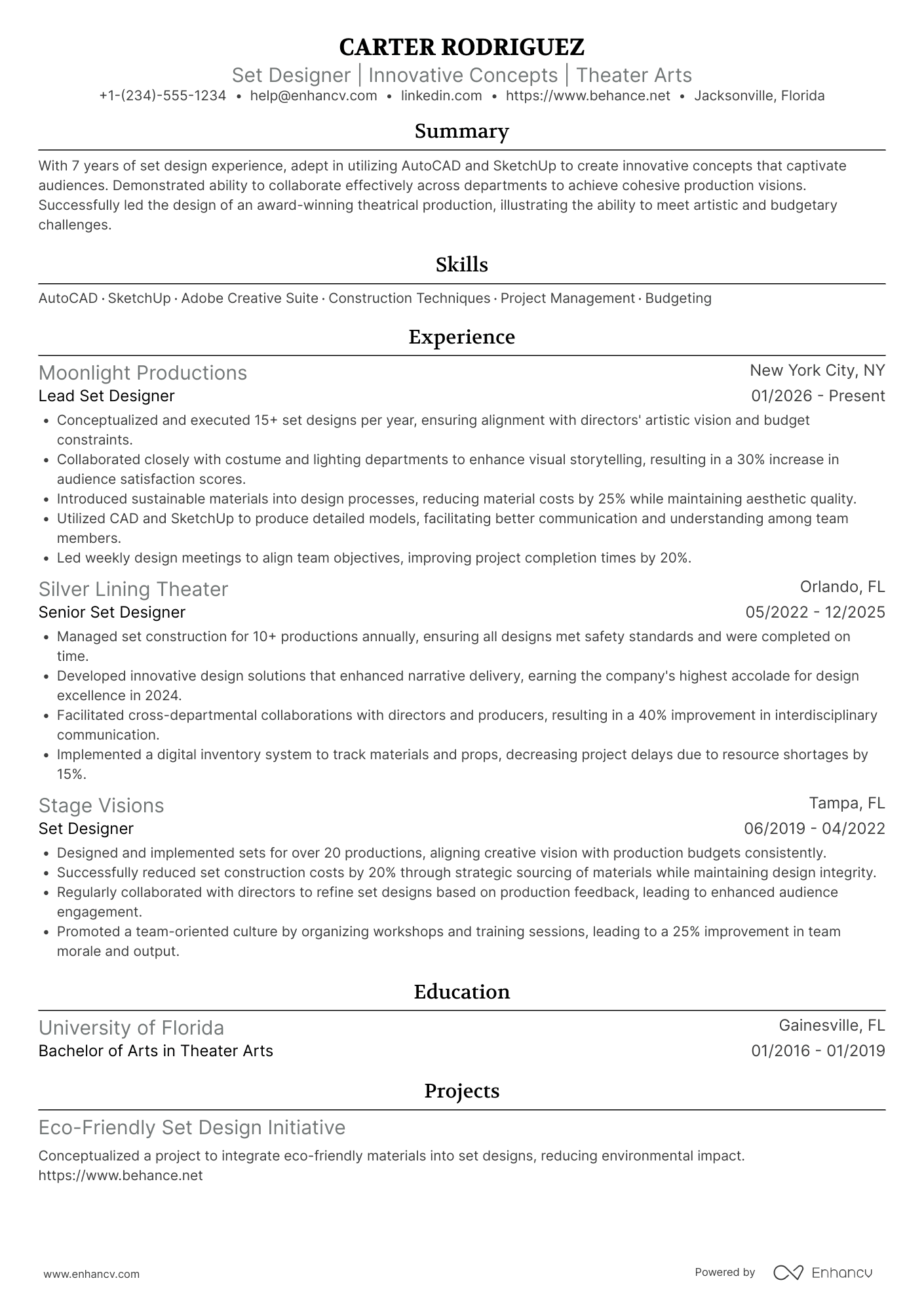 Set Designer resume example