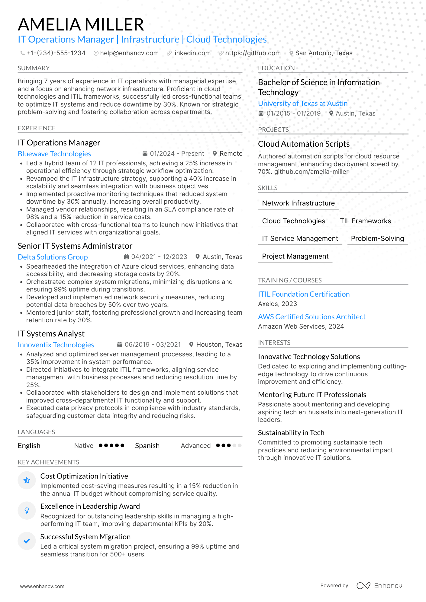 IT Operations Manager resume example