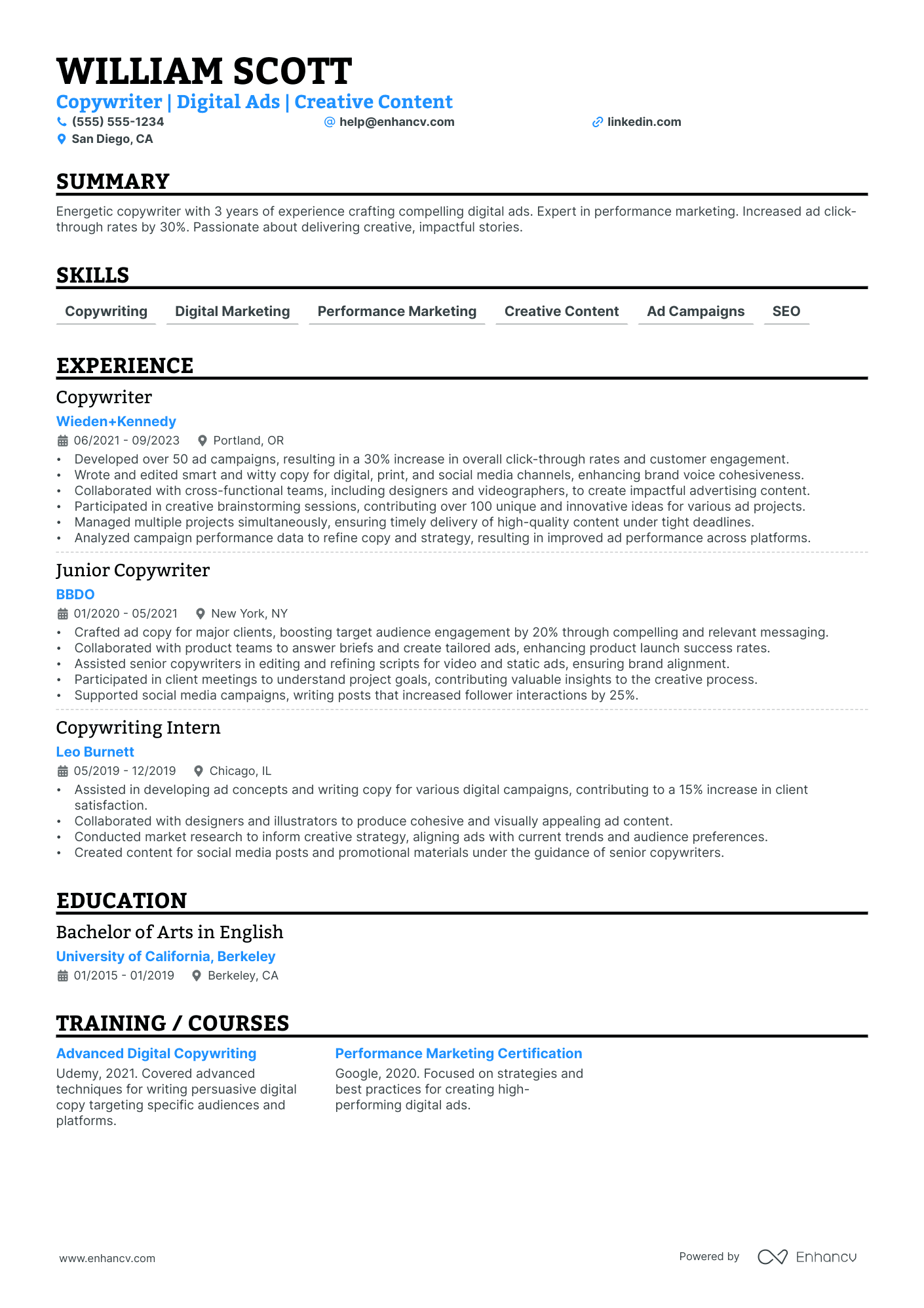 Copywriter resume example