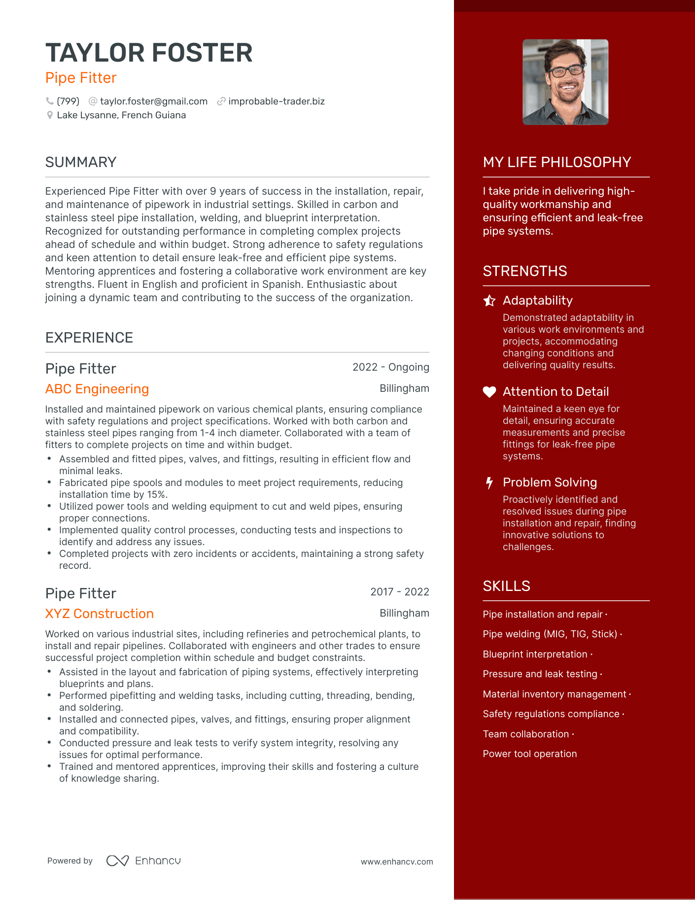 Pipe Fitter resume example