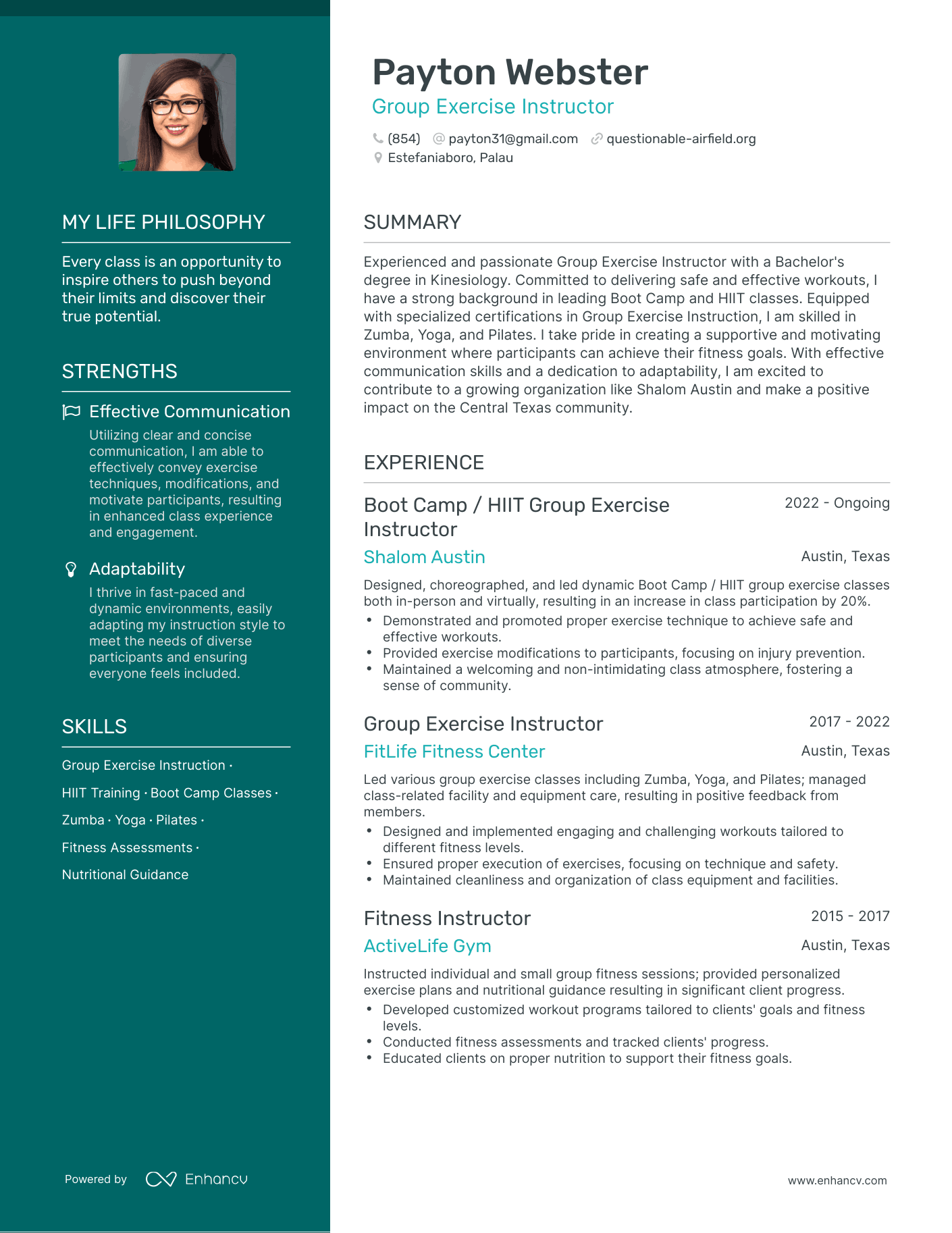 Creative Group Exercise Instructor Resume Example