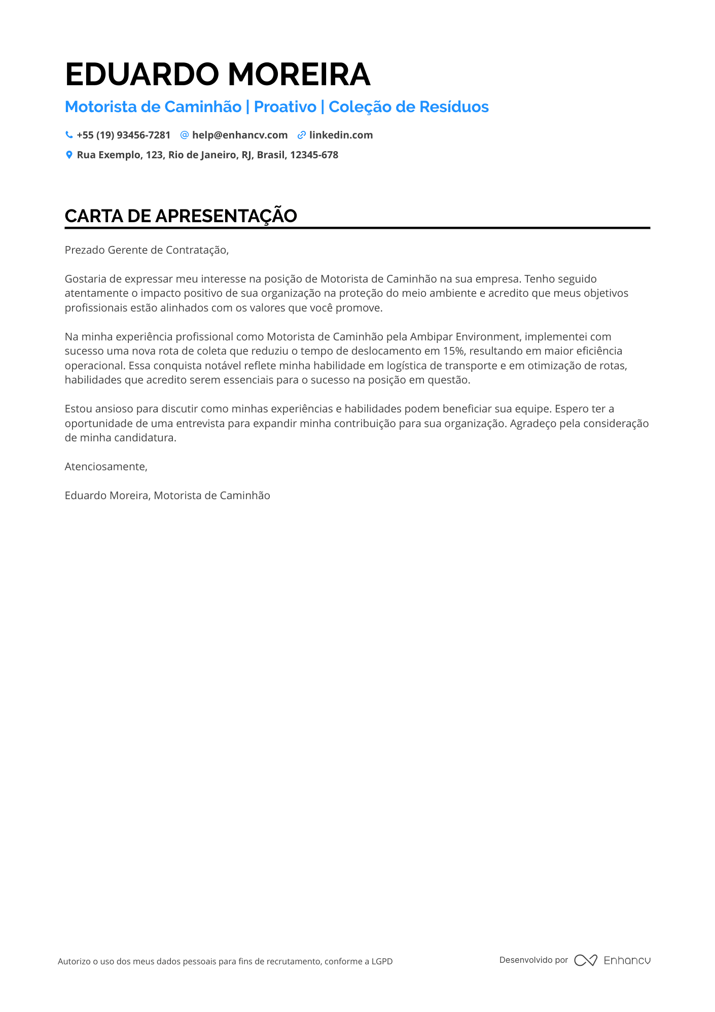 Motorista de caminhão Carta de apresentação