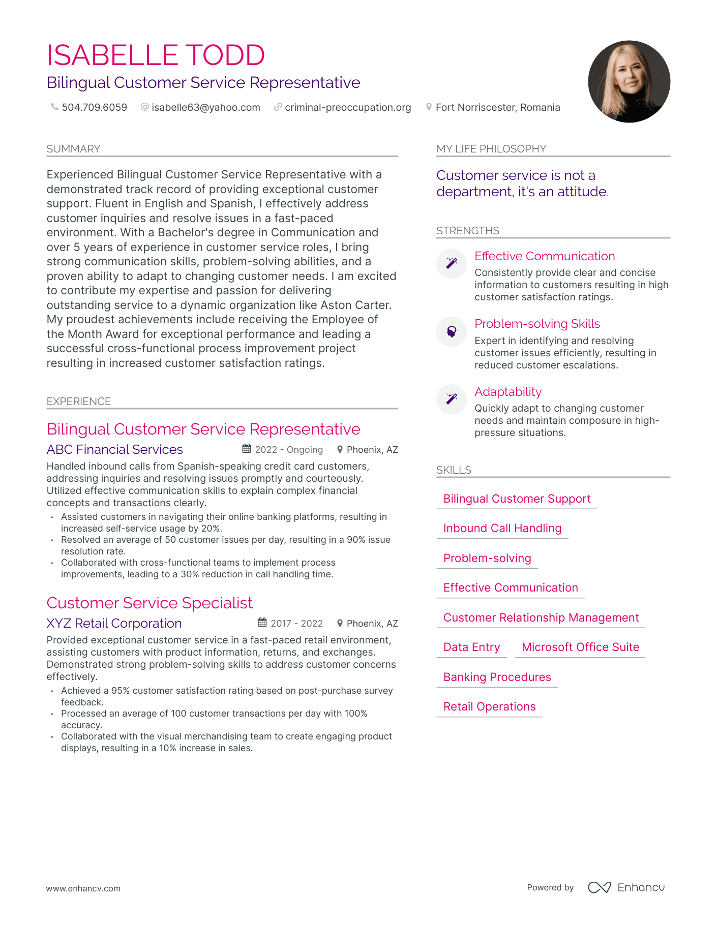 Bilingual Customer Service Representative resume example