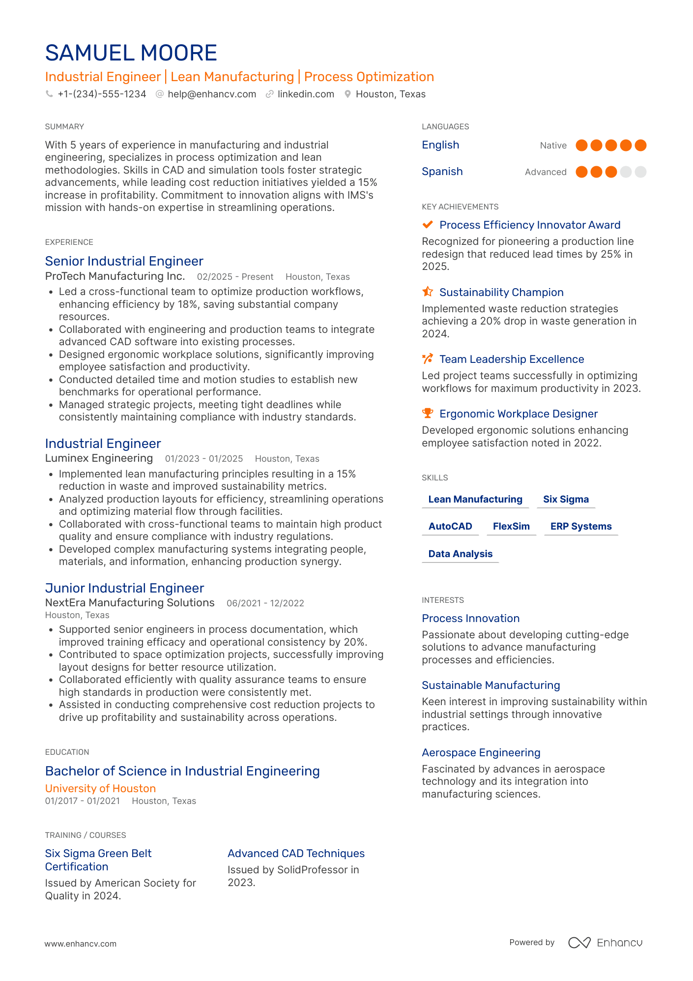 Industrial Engineer resume example