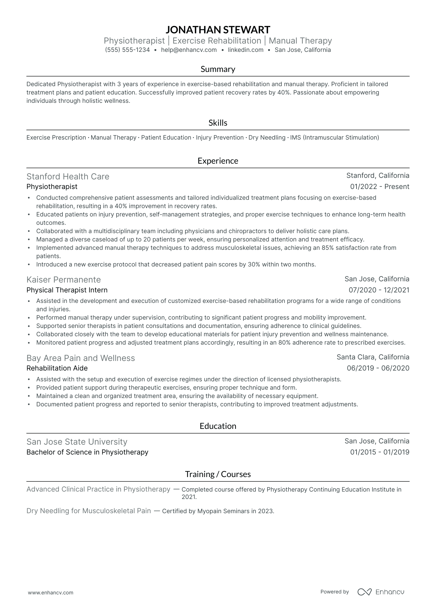 Sports Physiotherapist resume example