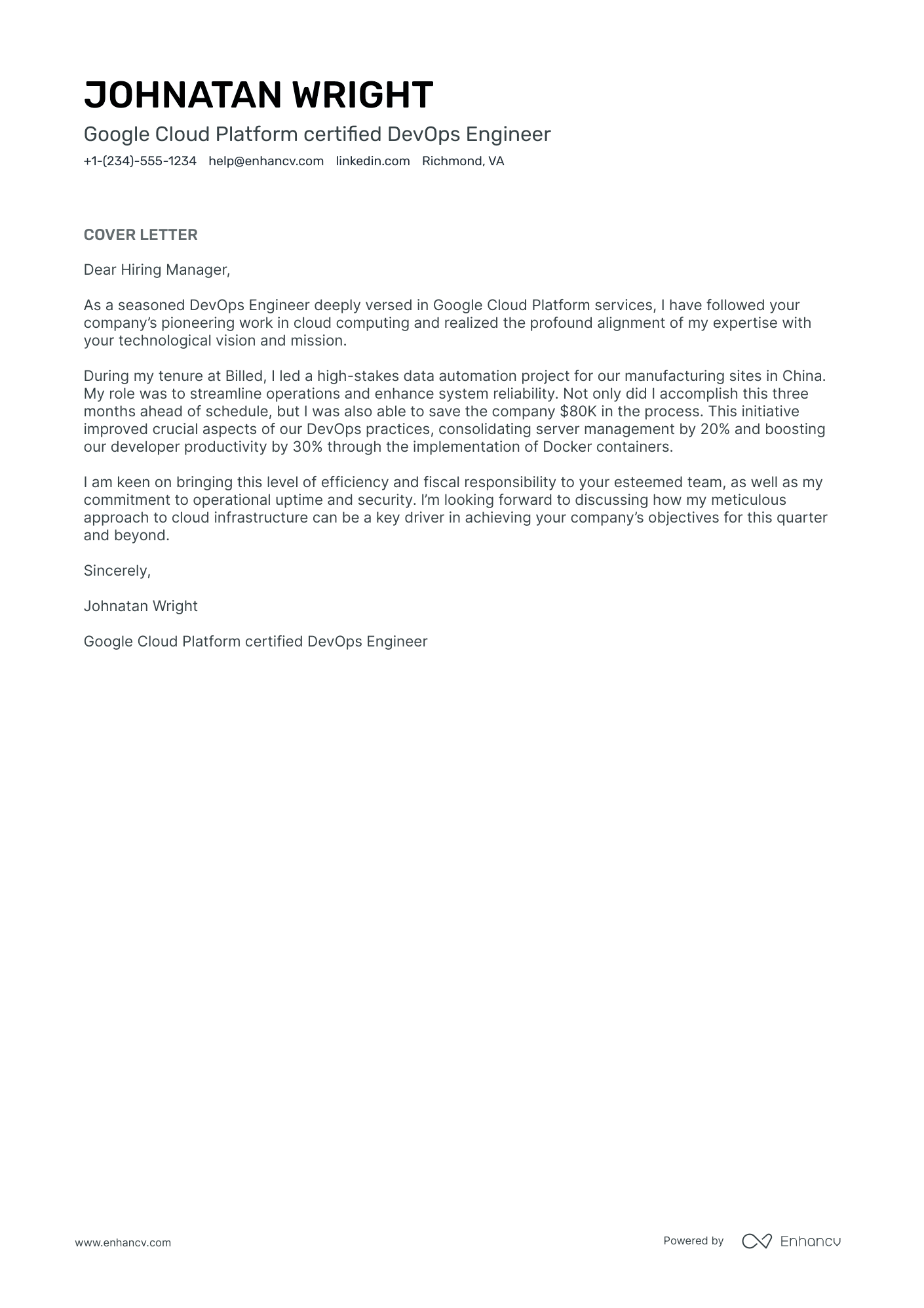 Devops Engineer cover letter