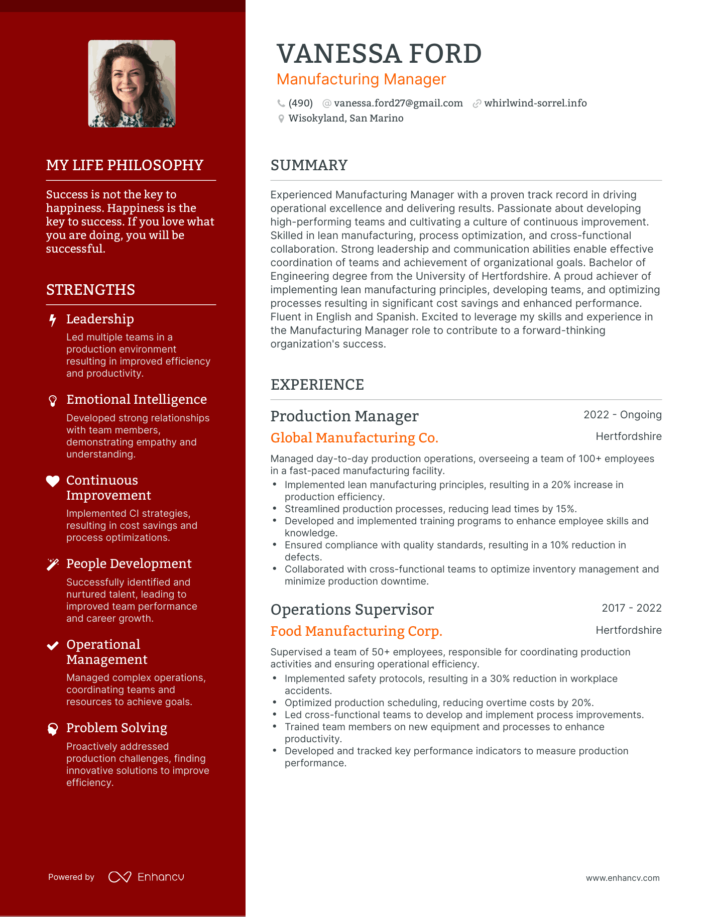 Creative Manufacturing Manager Resume Example