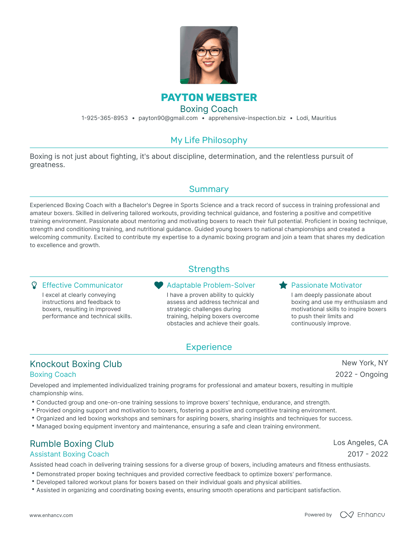 Modern Boxing Coach Resume Example