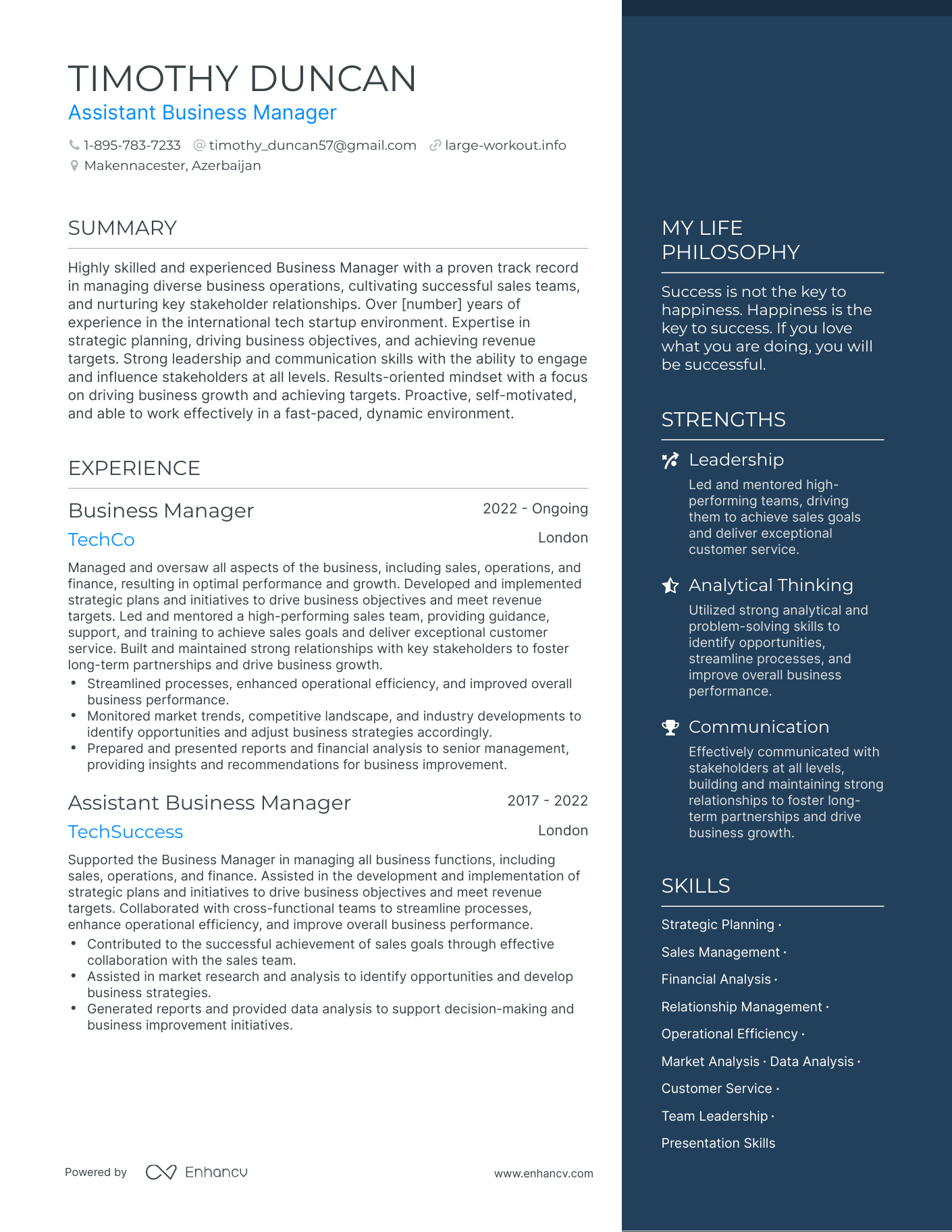 Modern Assistant Business Manager Resume Example
