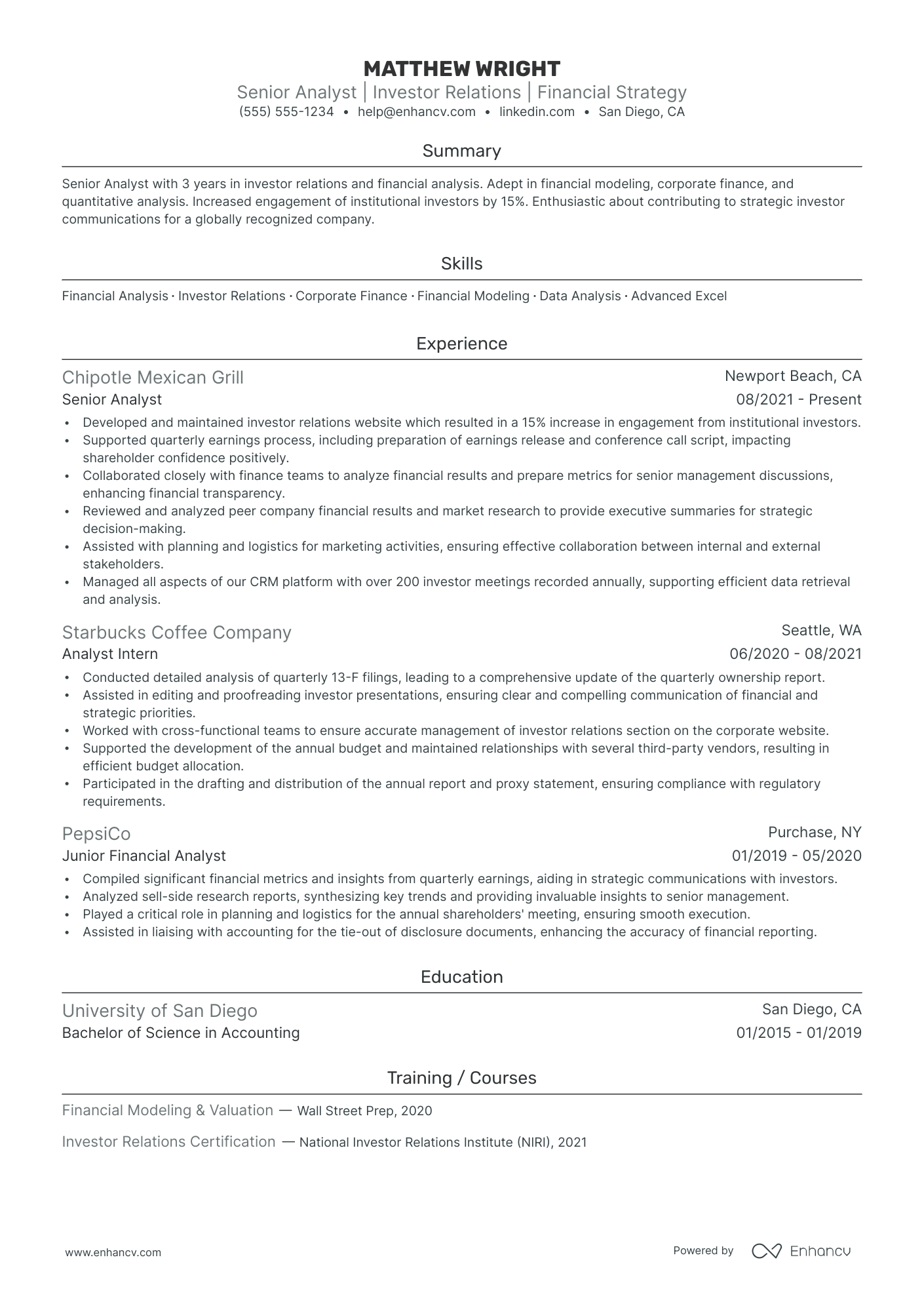 Senior Investor Relations Analyst resume example