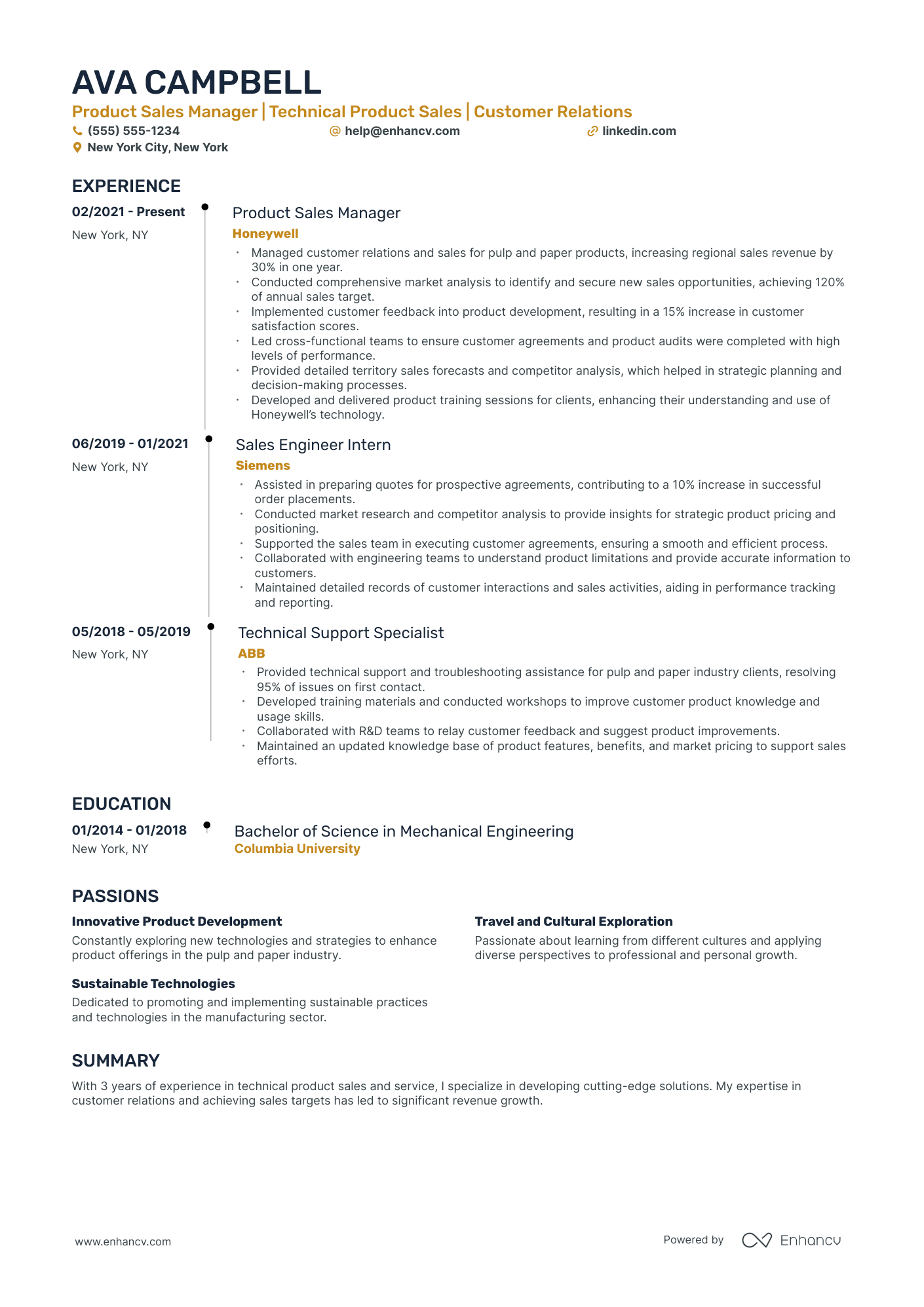 Product Sales Manager resume example