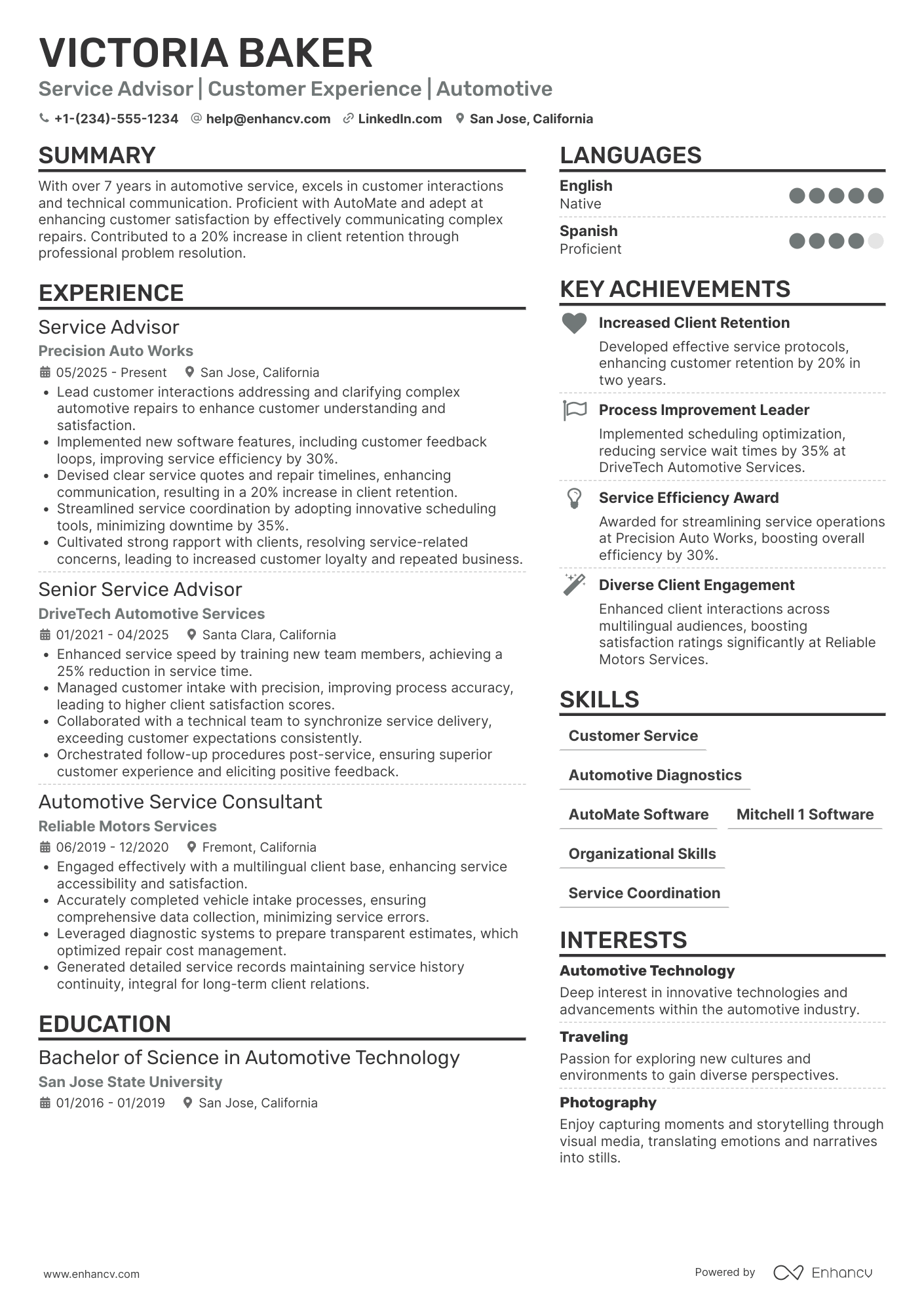 Service Advisor resume example