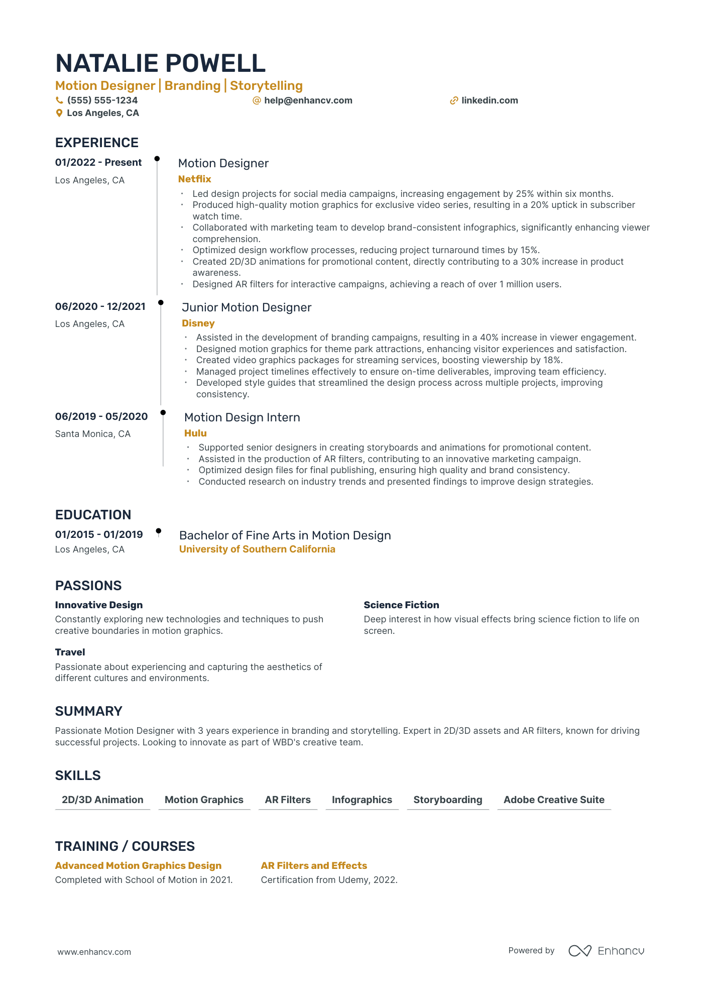 Motion Graphics Animator resume example