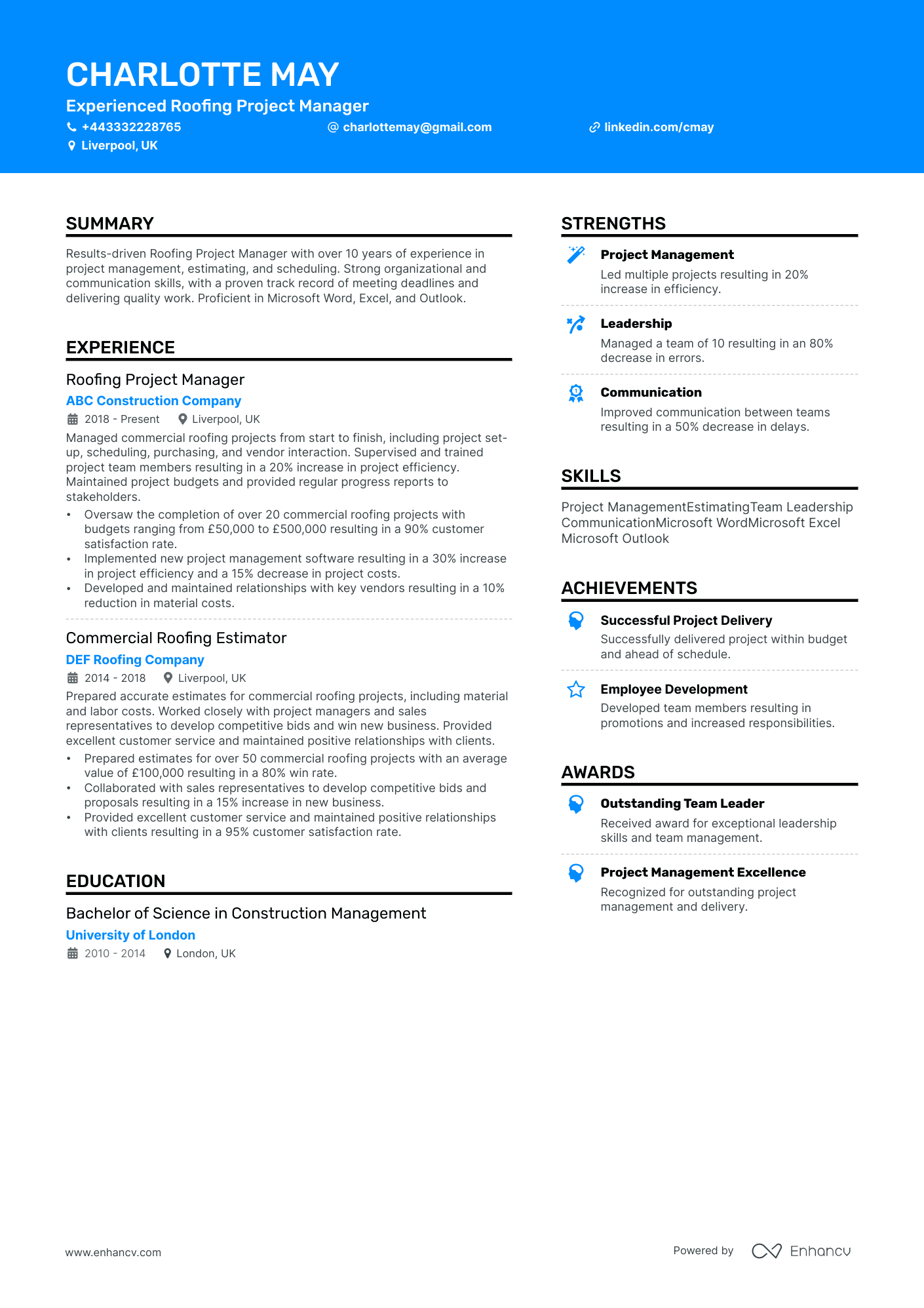 Experienced Roofing Project Manager CV example