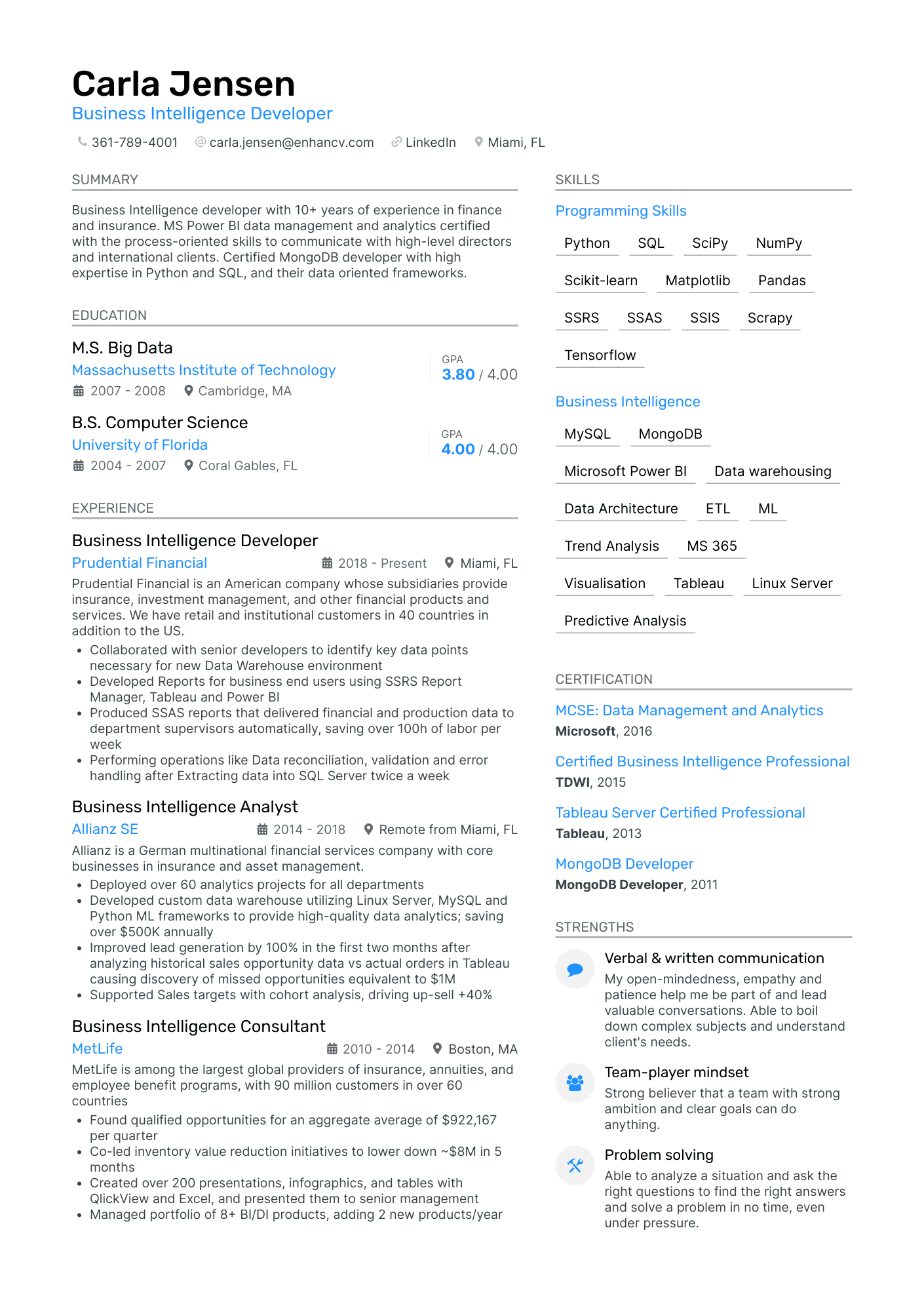 Business Intelligence resume example