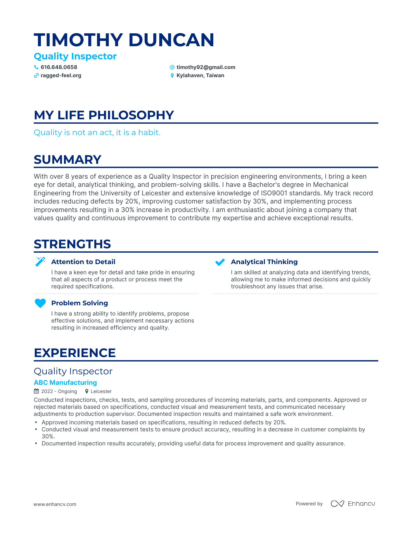 Creative Quality Inspector Resume Example