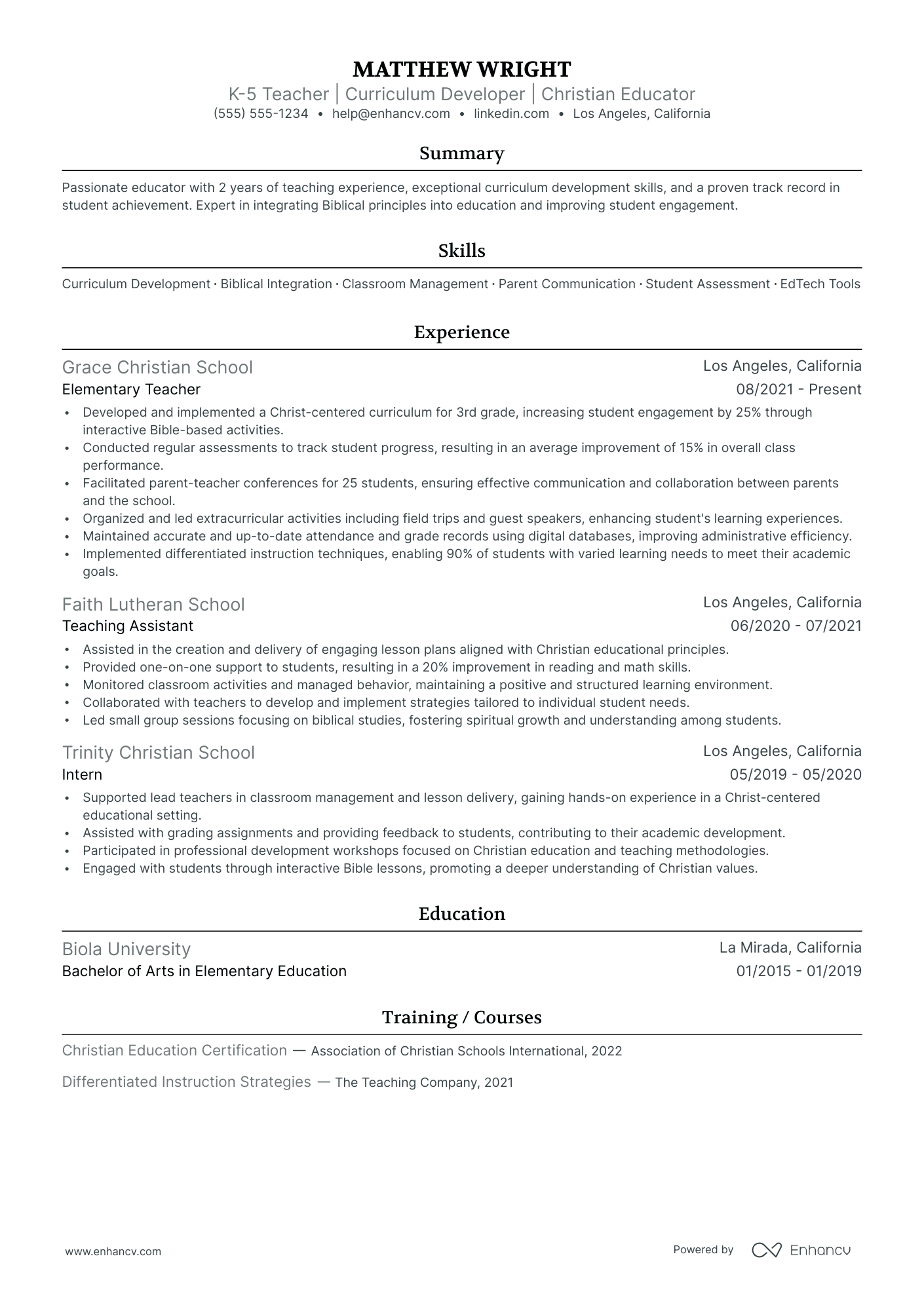 Substitute Elementary School Teacher resume example