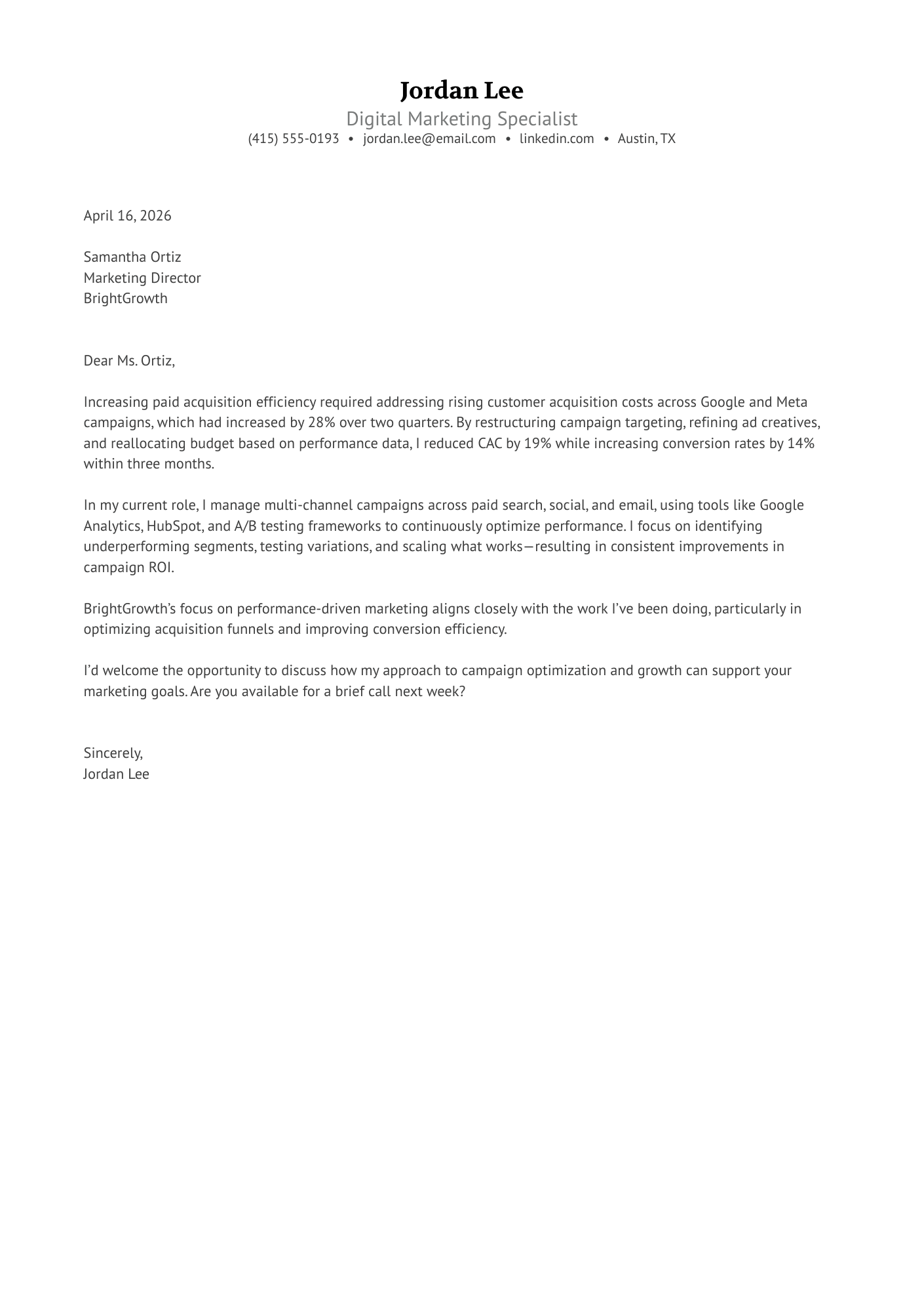 Digital Marketing cover letter
