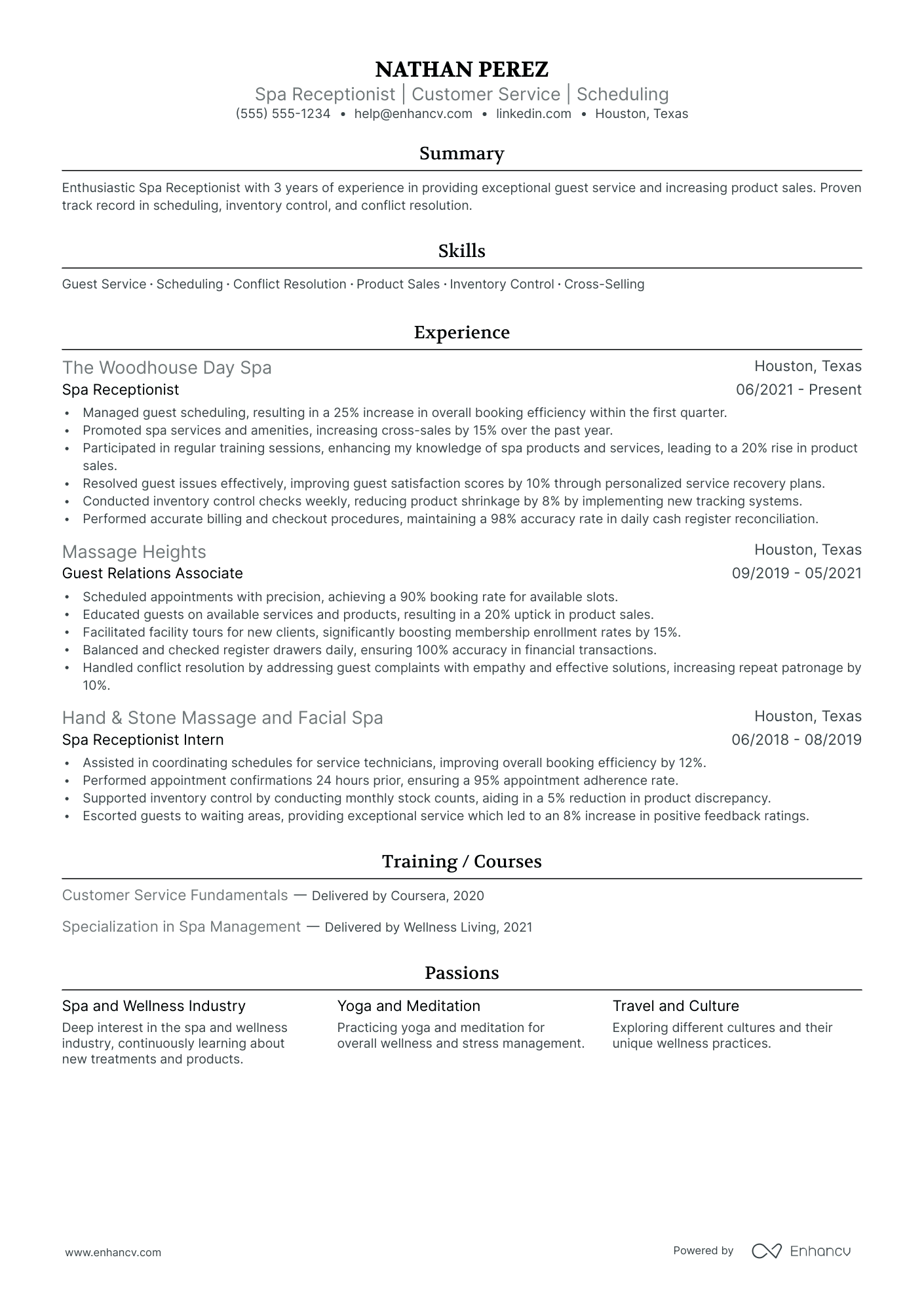 Spa Receptionist resume example