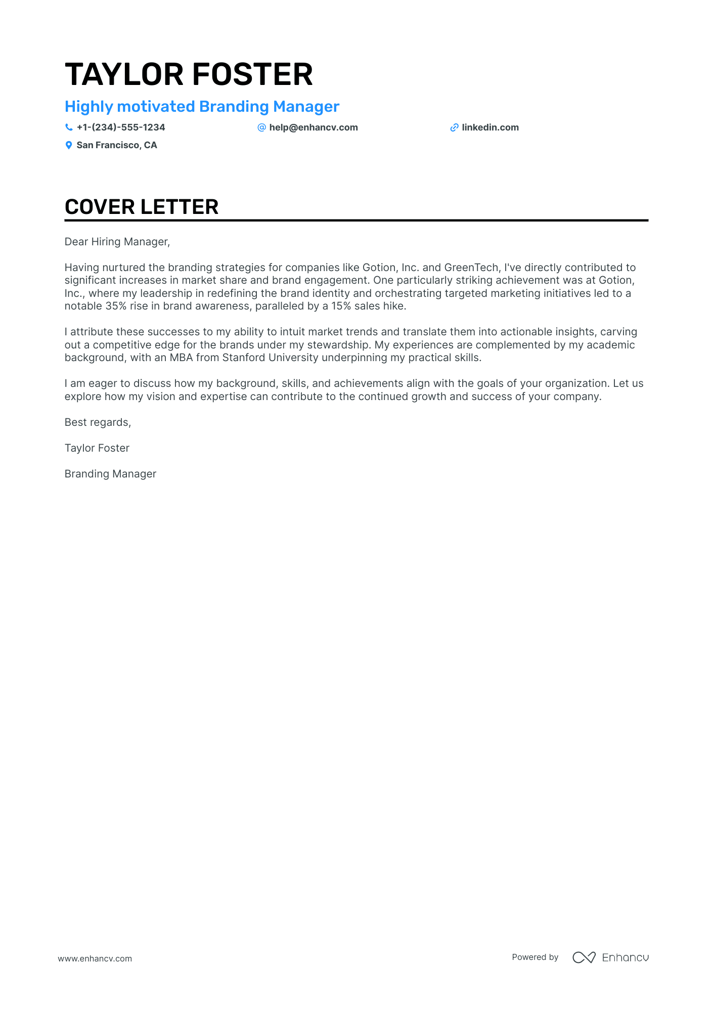 Branding Manager cover letter