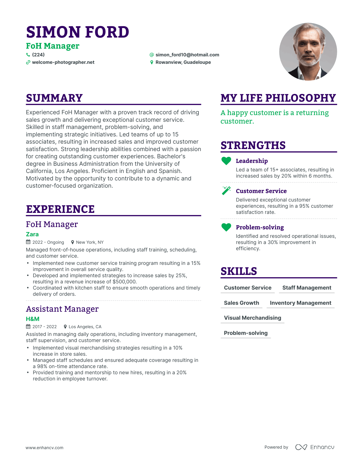 Modern FoH Manager Resume Example