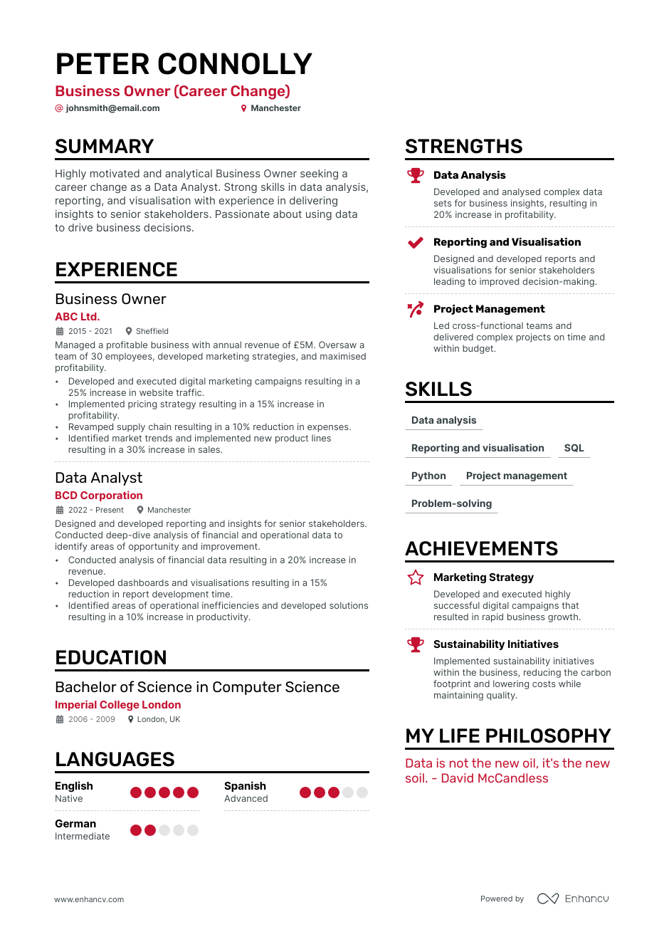 Business Owner (Career Change) CV example