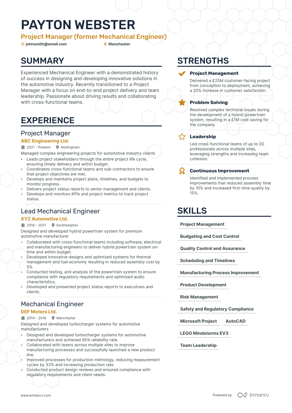 Project Manager (former Mechanical Engineer) CV example