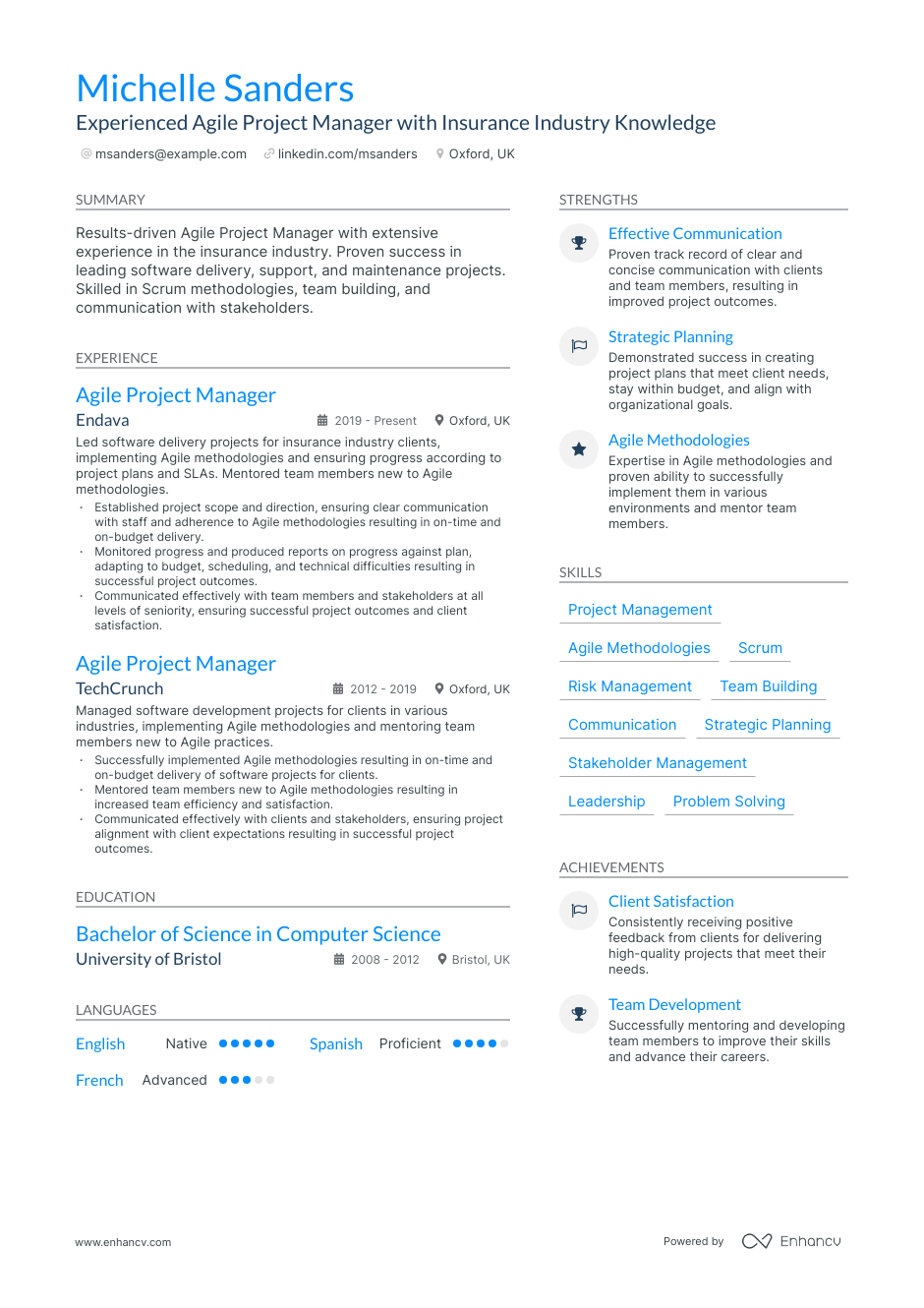 Experienced Agile Project Manager with Insurance Industry Knowledge CV example