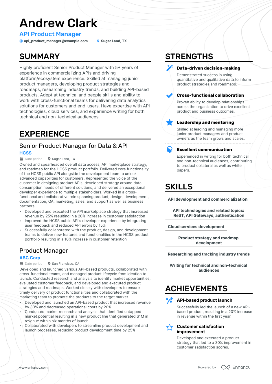 api product manager resume example