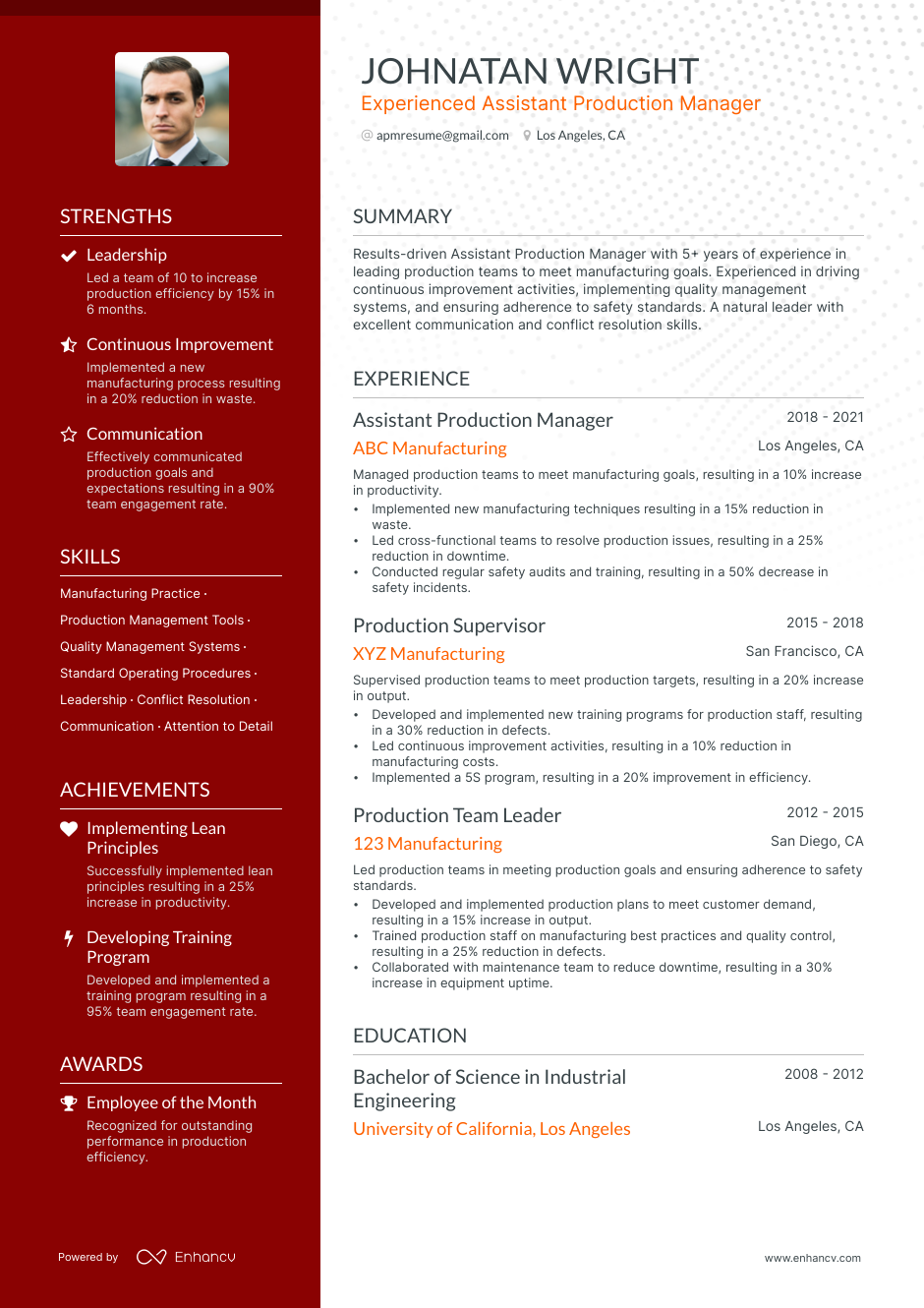 Assistant Production Manager resume example
