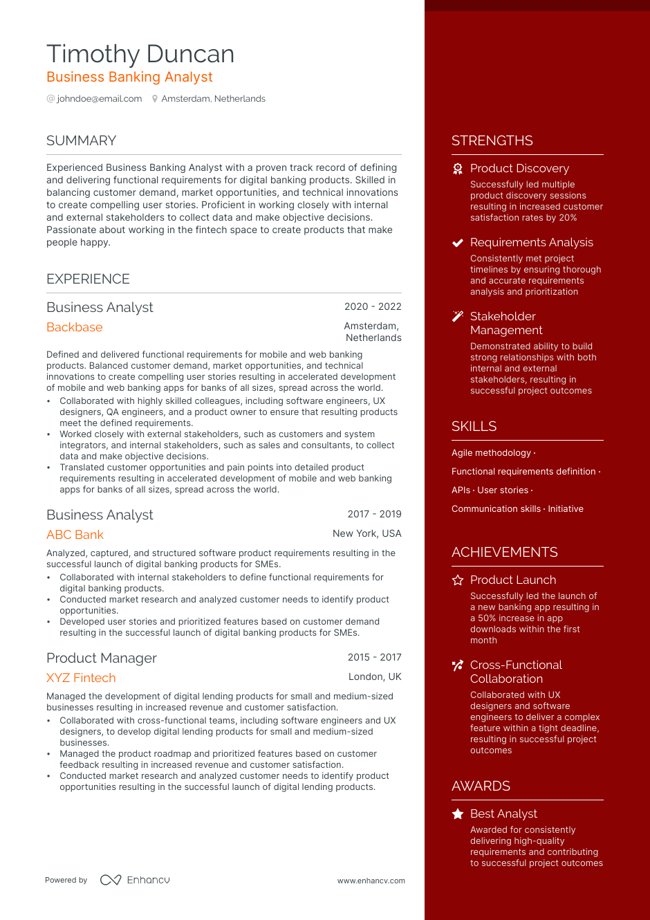 Banking Business Analyst resume example