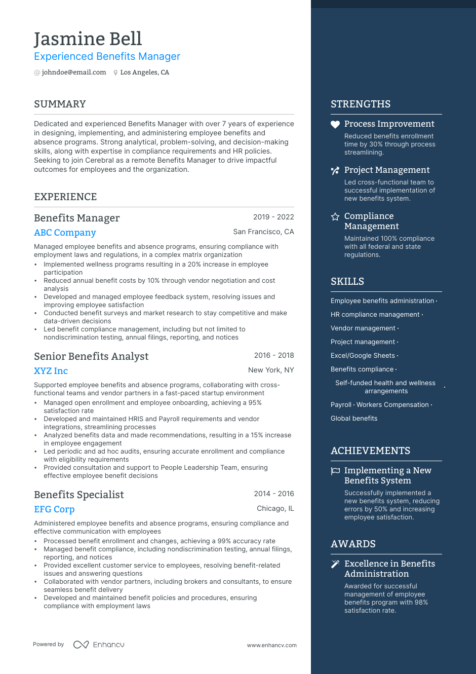 Benefits Manager resume example