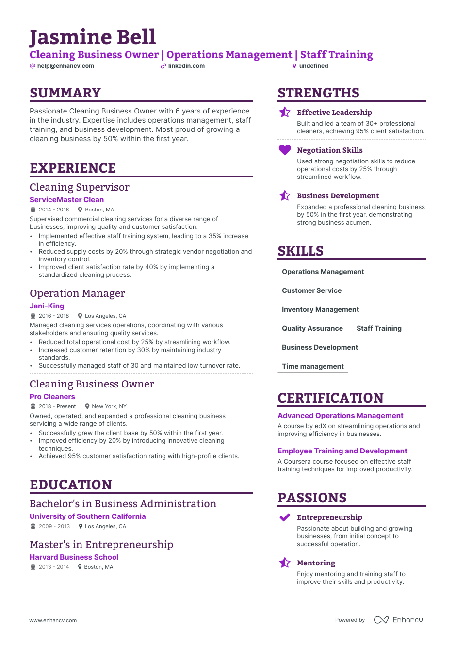 sample resume cleaning company owner manager