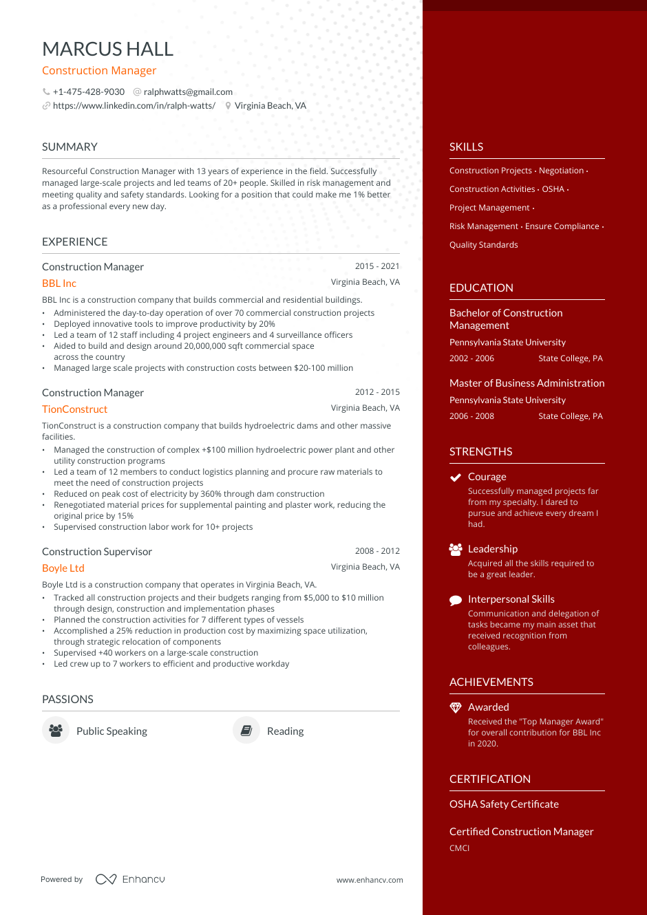 construction manager resume example