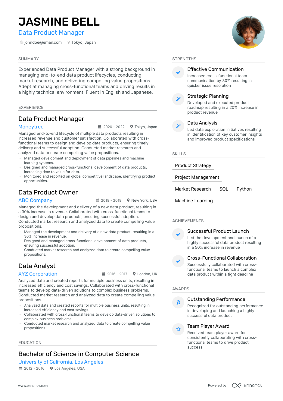 data product manager resume example
